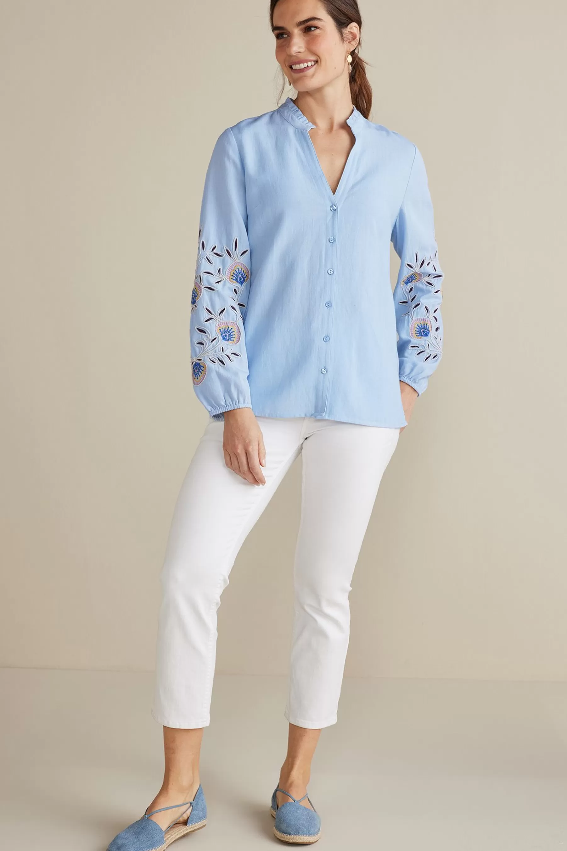 Into The Blues-Soft Surroundings Petites Titania Embroidered Top Chambray Blue