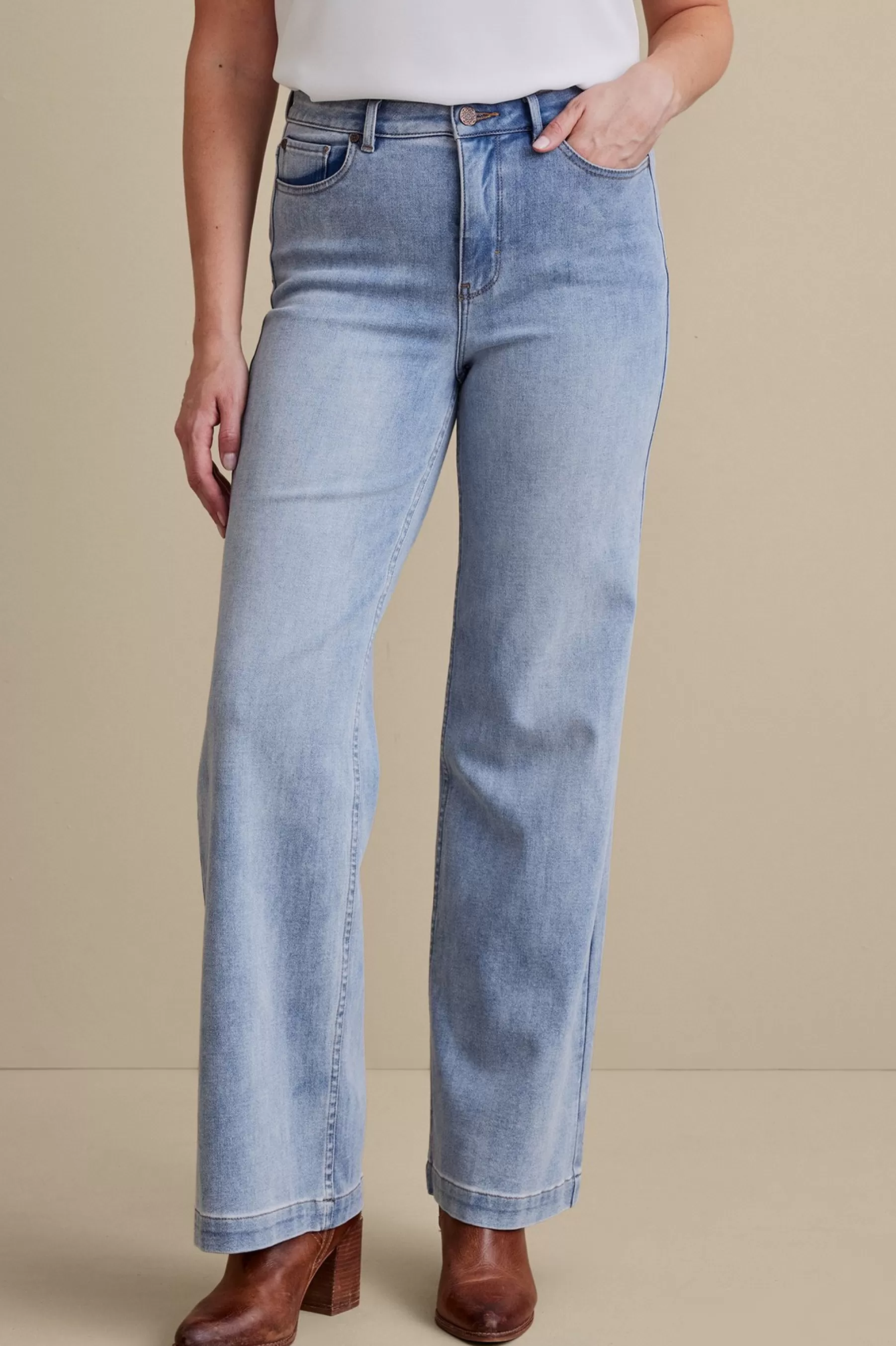 Everyday Styles | Wear Now Styles-Soft Surroundings Petites Ultimate Denim Wide Leg Jeans Ocean Air Wash