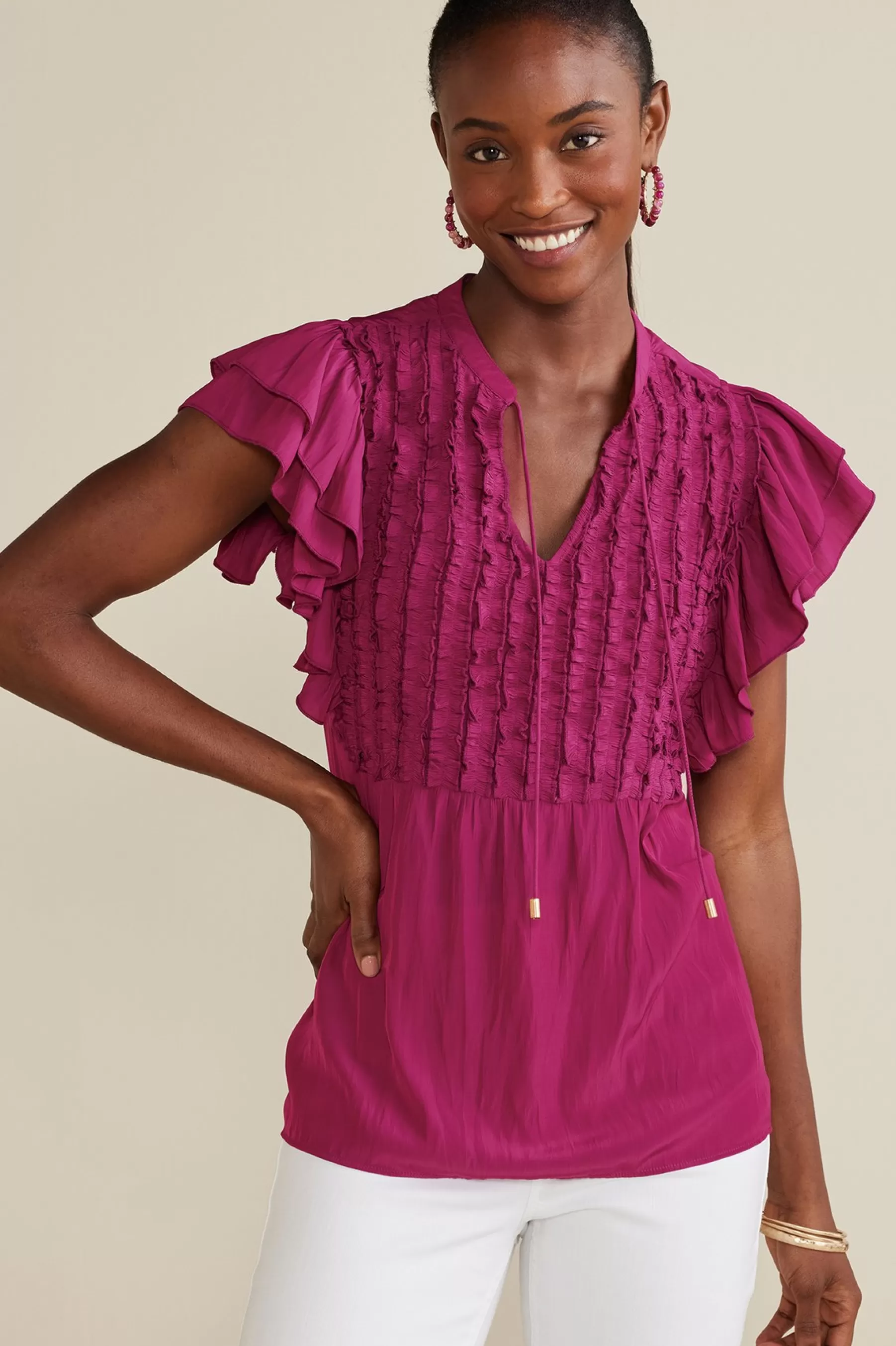 Feminine Flourish-Soft Surroundings Petites Victoria Ruffle Tunic Sangria