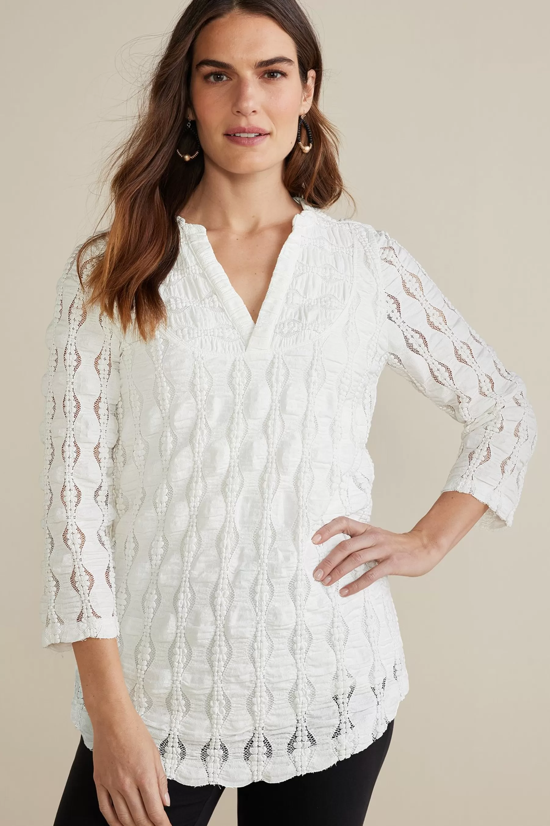 three quarter length | pullovers-Soft Surroundings Priya Knit Lace Tunic White