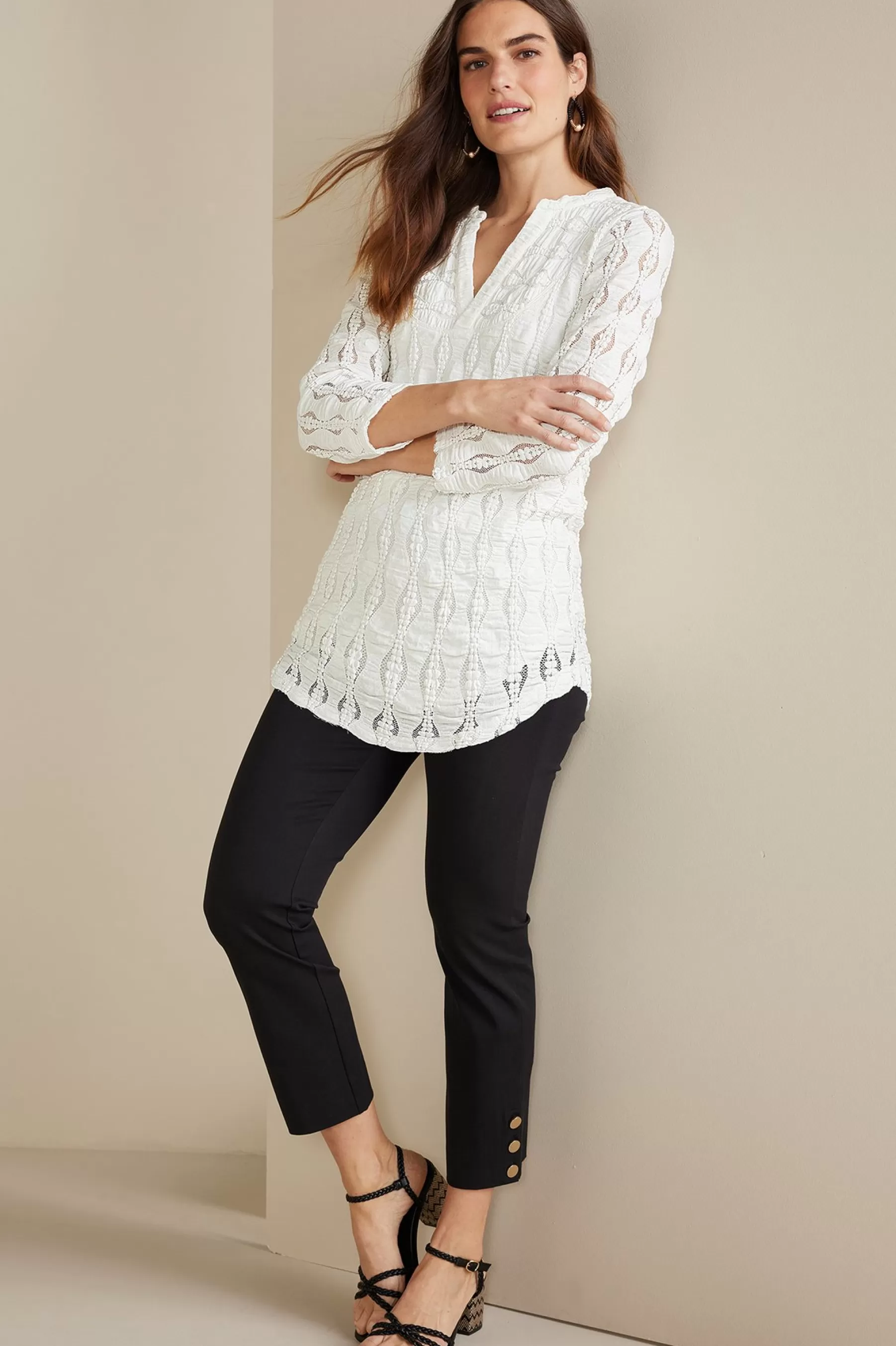 three quarter length | pullovers-Soft Surroundings Priya Knit Lace Tunic White