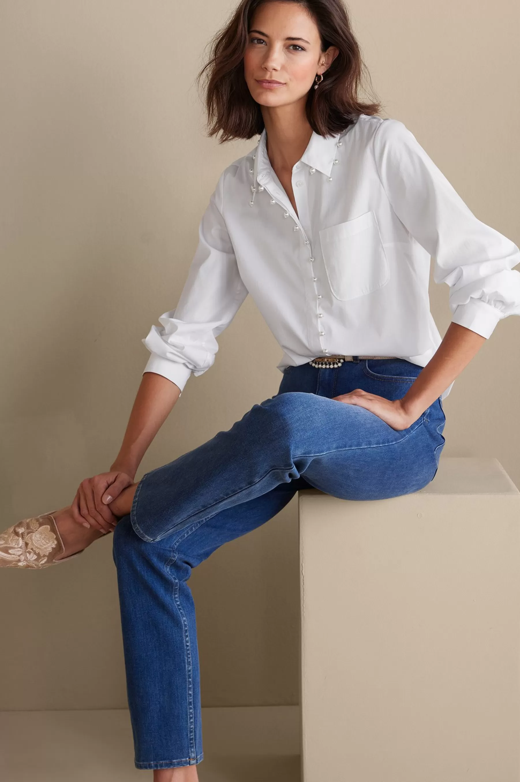 Everyday Styles | long sleeve-Soft Surroundings Rania Pearl Shirt White