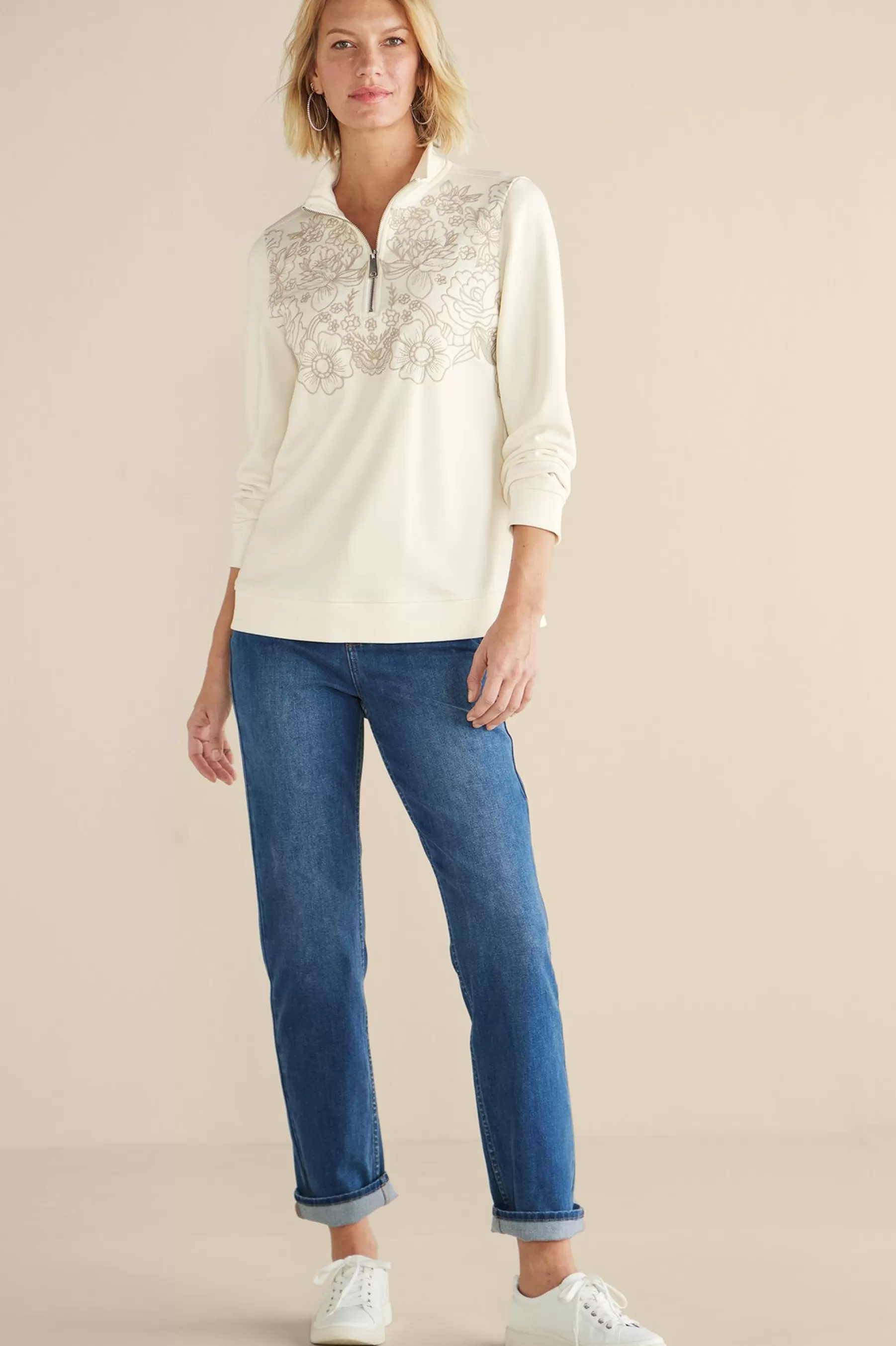 Feminine Flourish | Wear Now Styles-Soft Surroundings Rochelle Embroidered French Terry Pullover Ivory Pearl