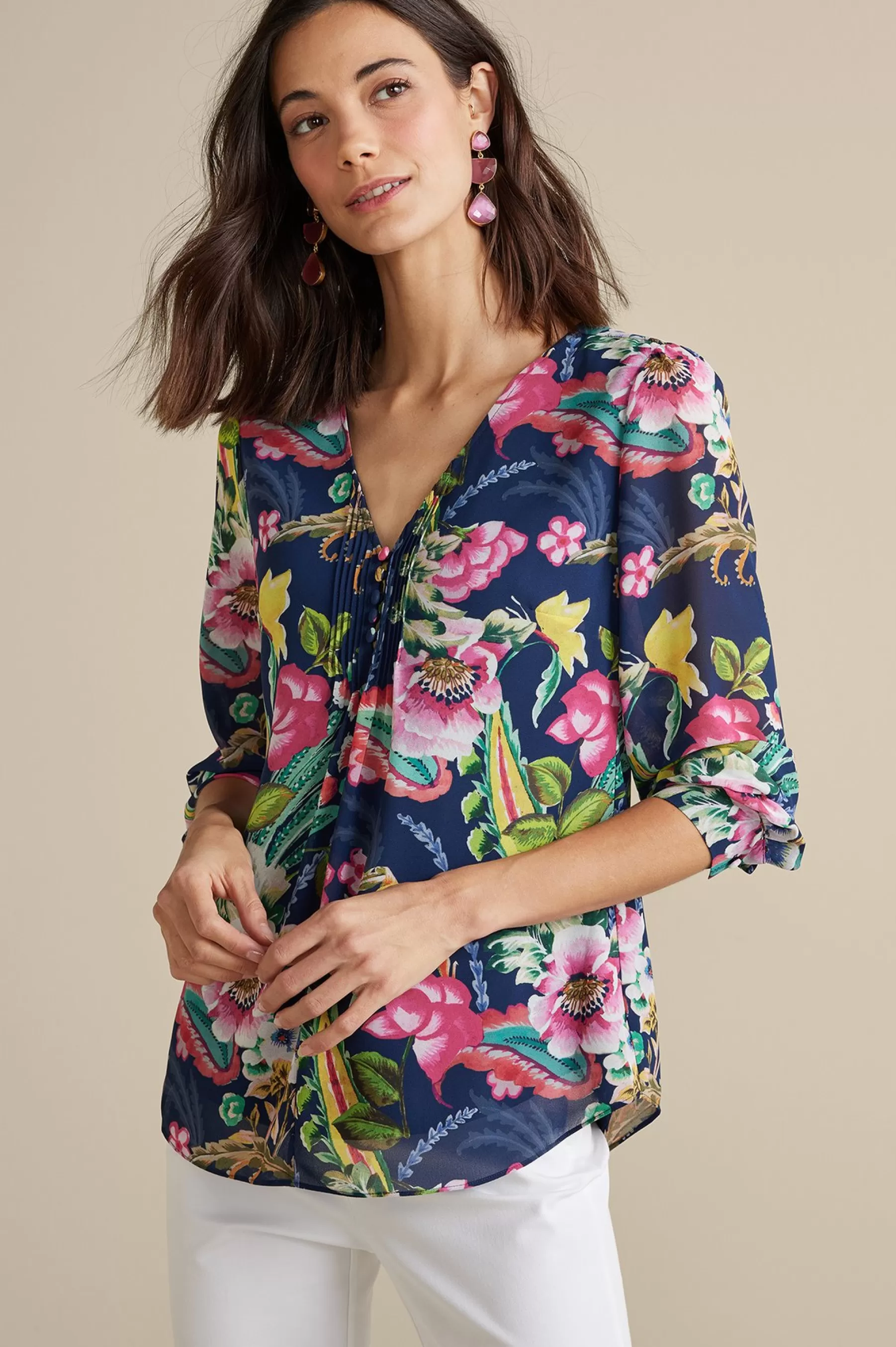 Feminine Flourish | Vacation Shop-Soft Surroundings Samantha Georgette Top Navy Paisley