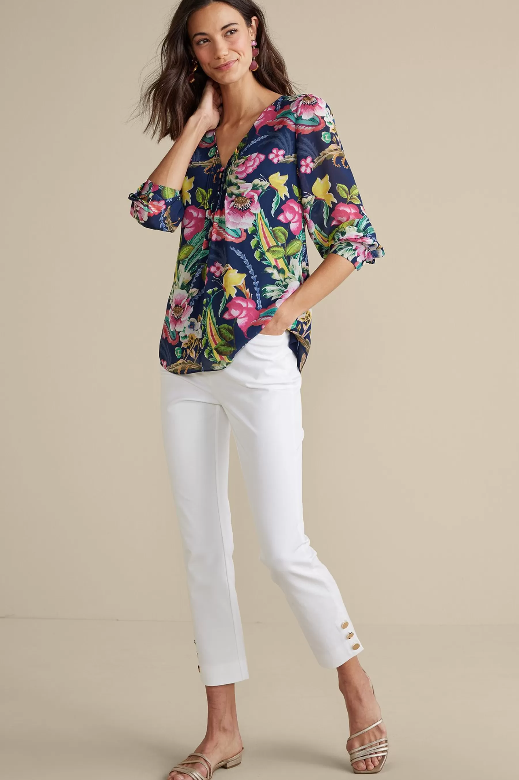 Feminine Flourish | Vacation Shop-Soft Surroundings Samantha Georgette Top Navy Paisley