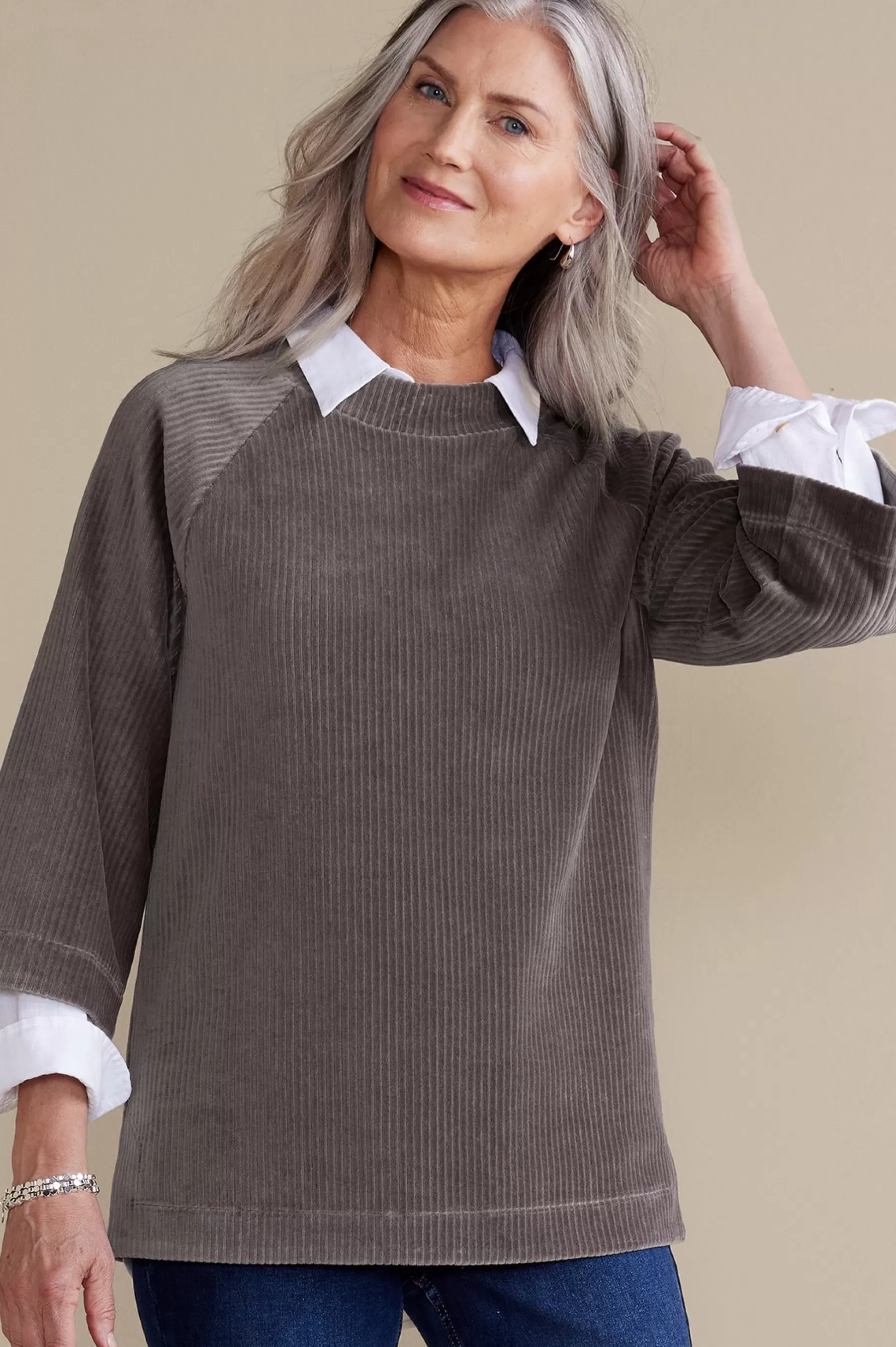 Everyday Styles | three quarter length-Soft Surroundings Samina Corduroy Pullover Shoreline Grey