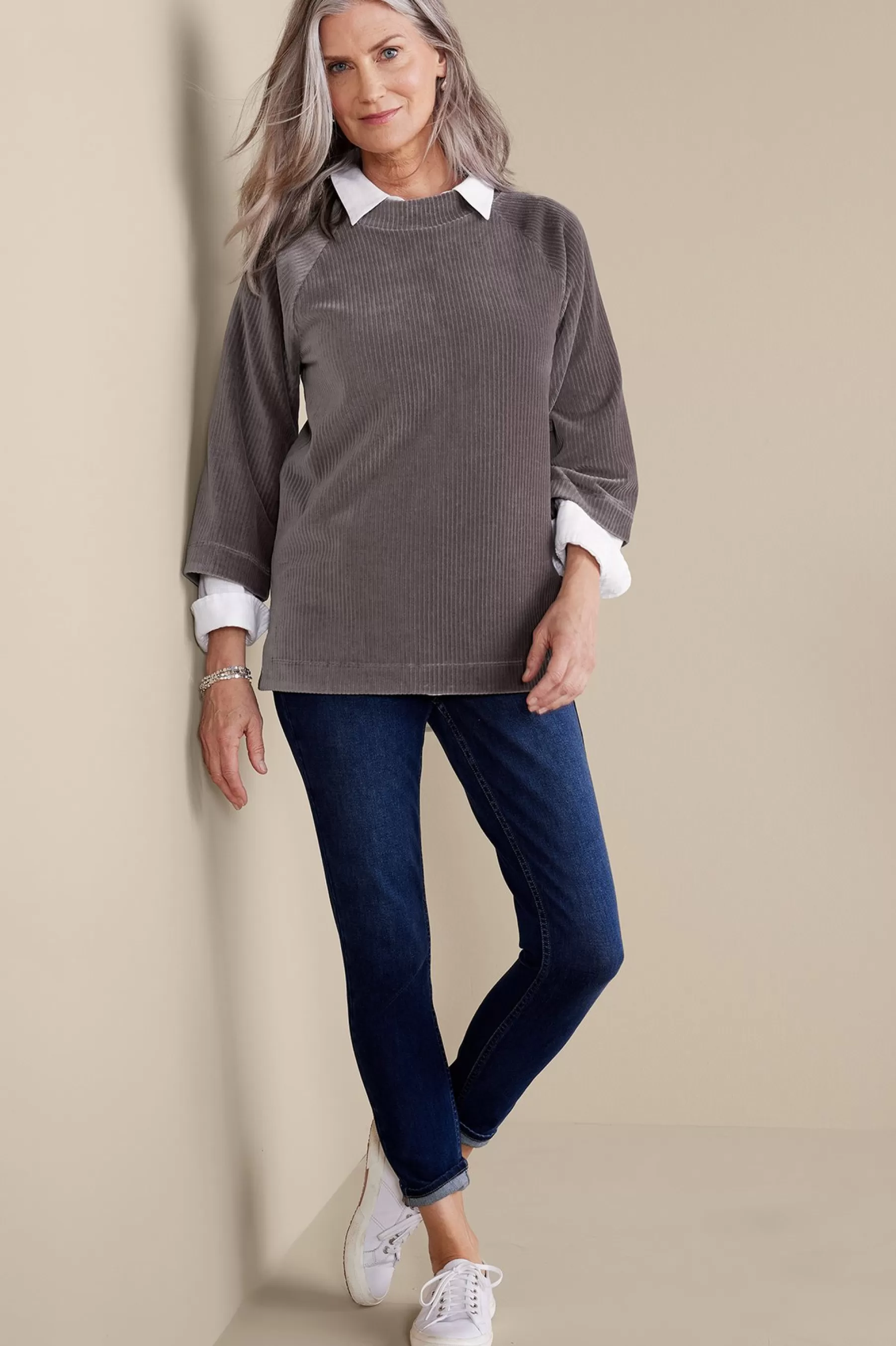 Everyday Styles | three quarter length-Soft Surroundings Samina Corduroy Pullover Shoreline Grey