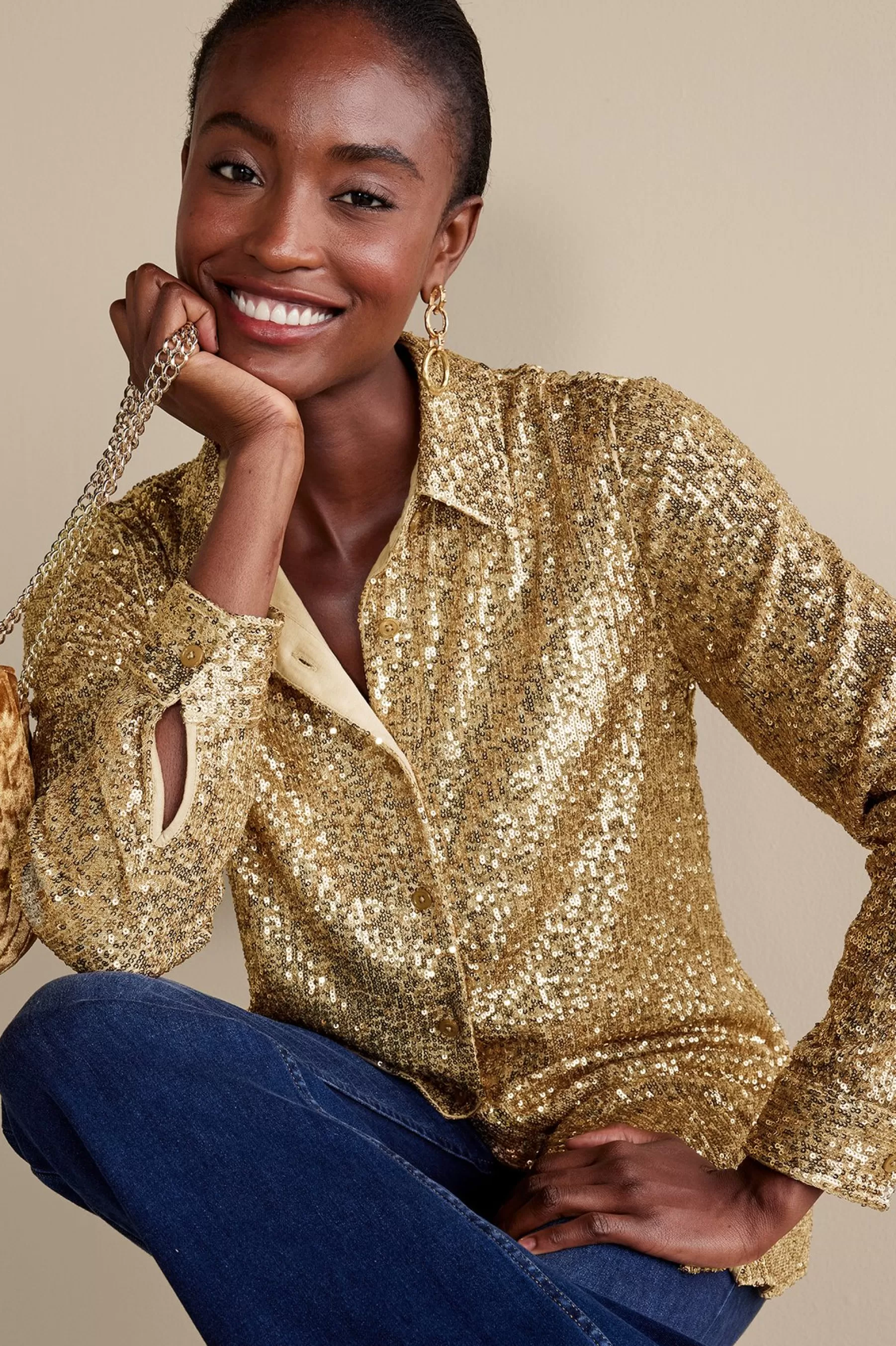 Feminine Flourish | long sleeve-Soft Surroundings Sancerre Sequin Shirt Gold Sequin