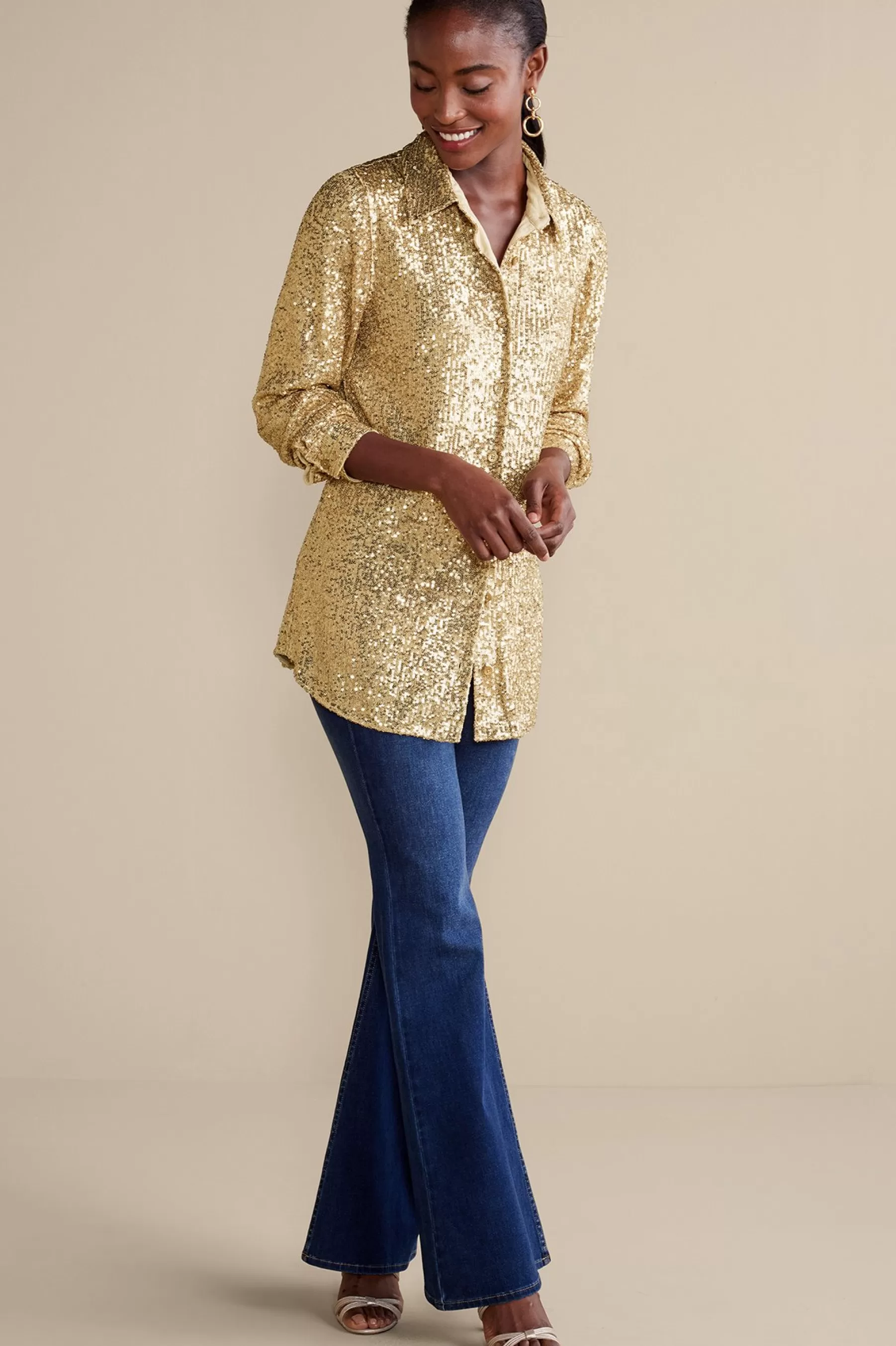 Feminine Flourish | long sleeve-Soft Surroundings Sancerre Sequin Shirt Gold Sequin