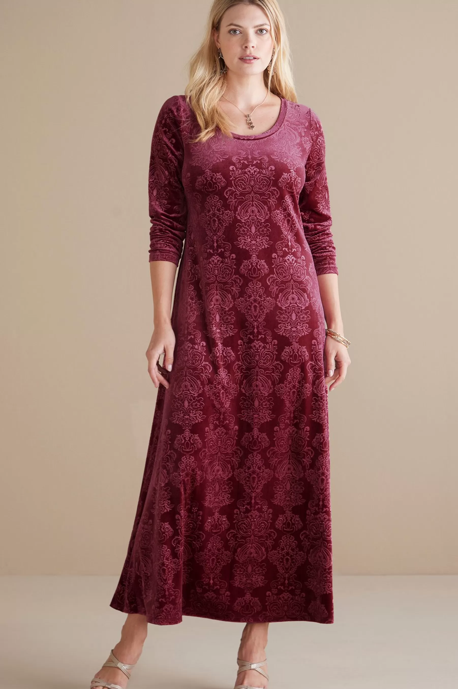 Feminine Flourish | EVelvet Styles-Soft Surroundings Santiago Embossed Velvet Dress Cabernet Tapestry