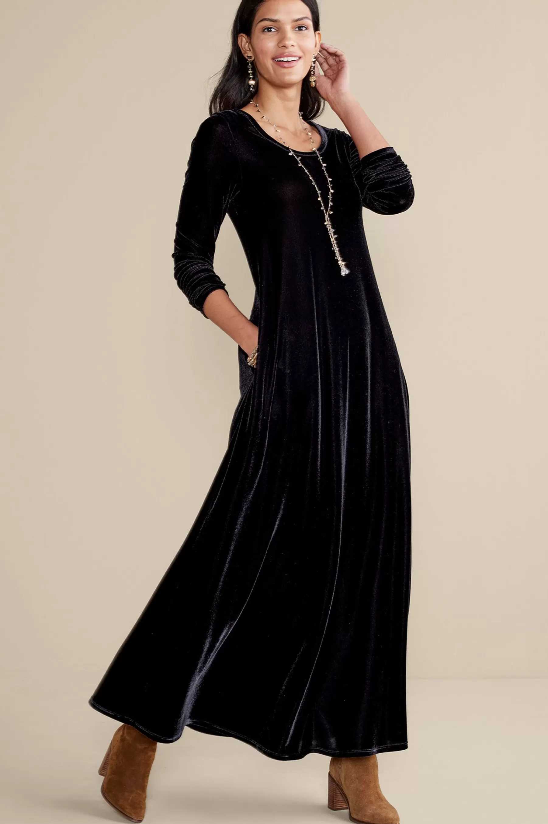 Feminine Flourish | EVelvet Styles-Soft Surroundings Santiago Stretch Velvet Dress Black