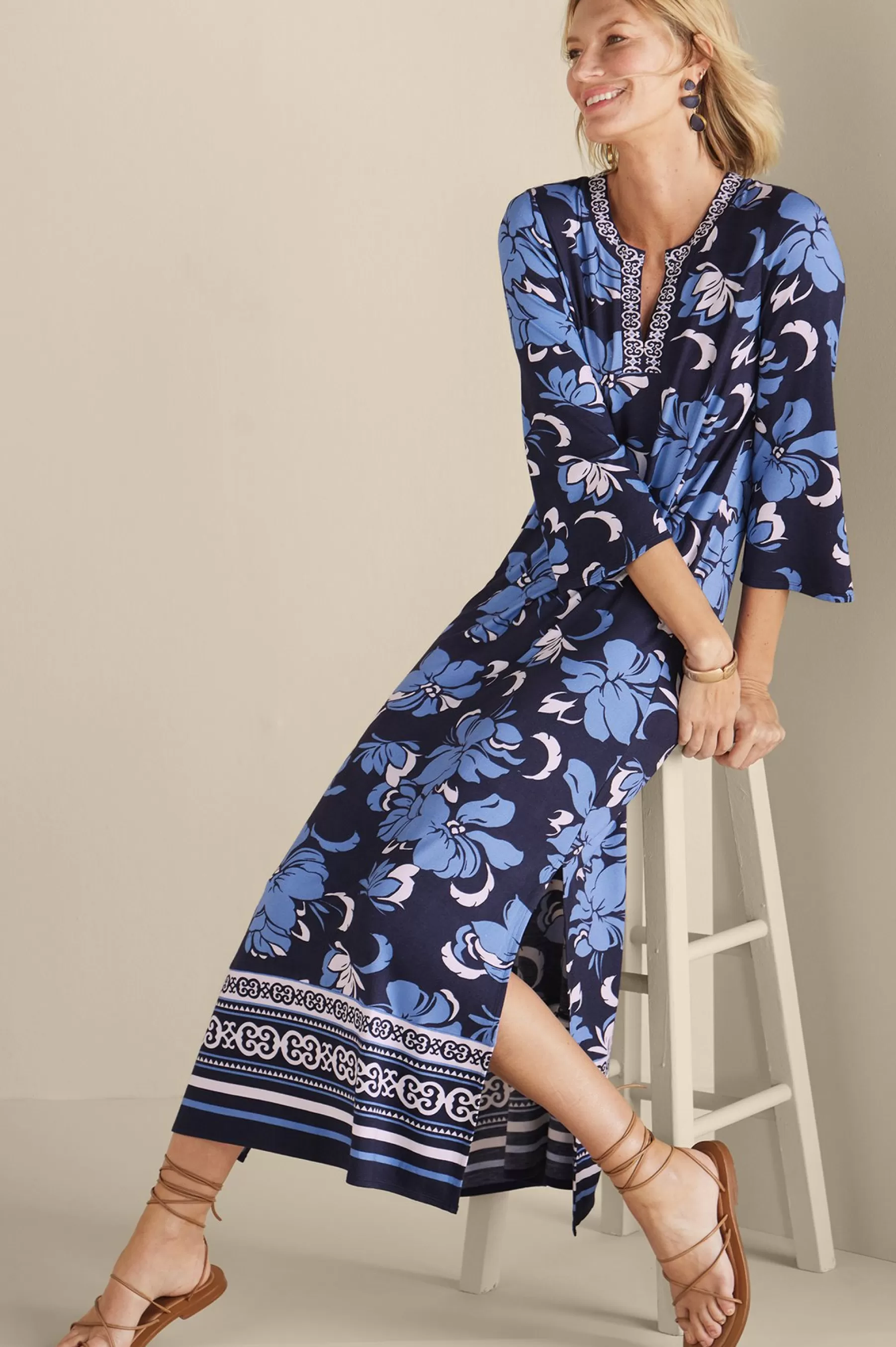 Into The Blues | Vacation Shop-Soft Surroundings Sedona Maxi Dress Menara Bloom Blue + White