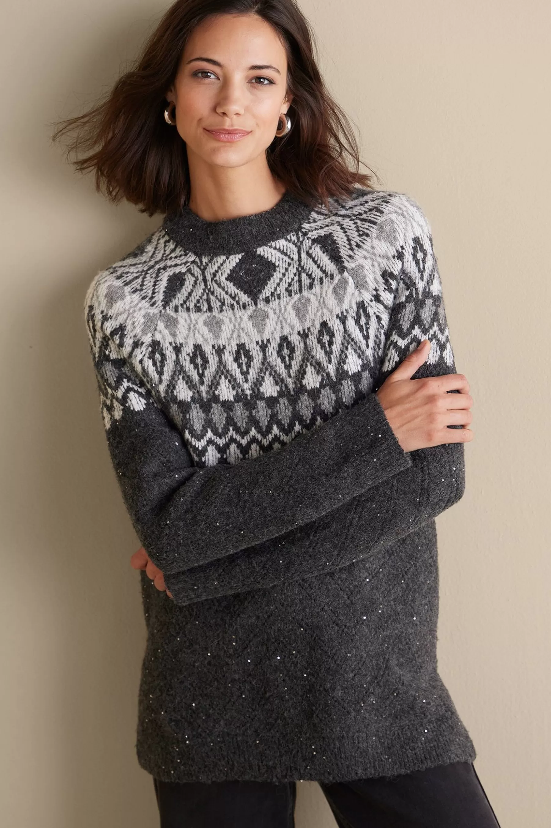 Everyday Styles | Sweaters & Cardigans-Soft Surroundings Seelie Fair Isle Sweater Dark Grey