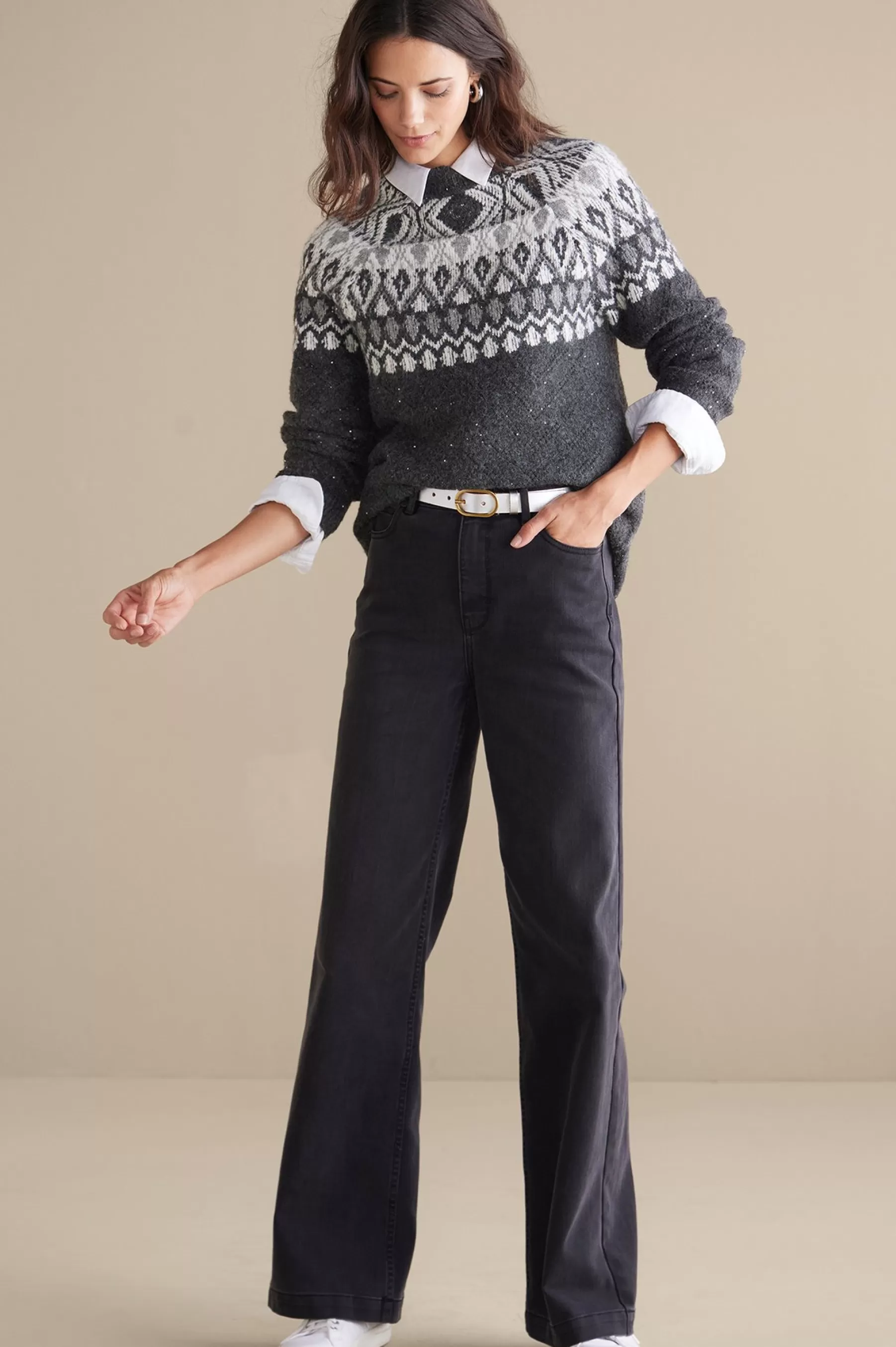 Everyday Styles | Sweaters & Cardigans-Soft Surroundings Seelie Fair Isle Sweater Dark Grey