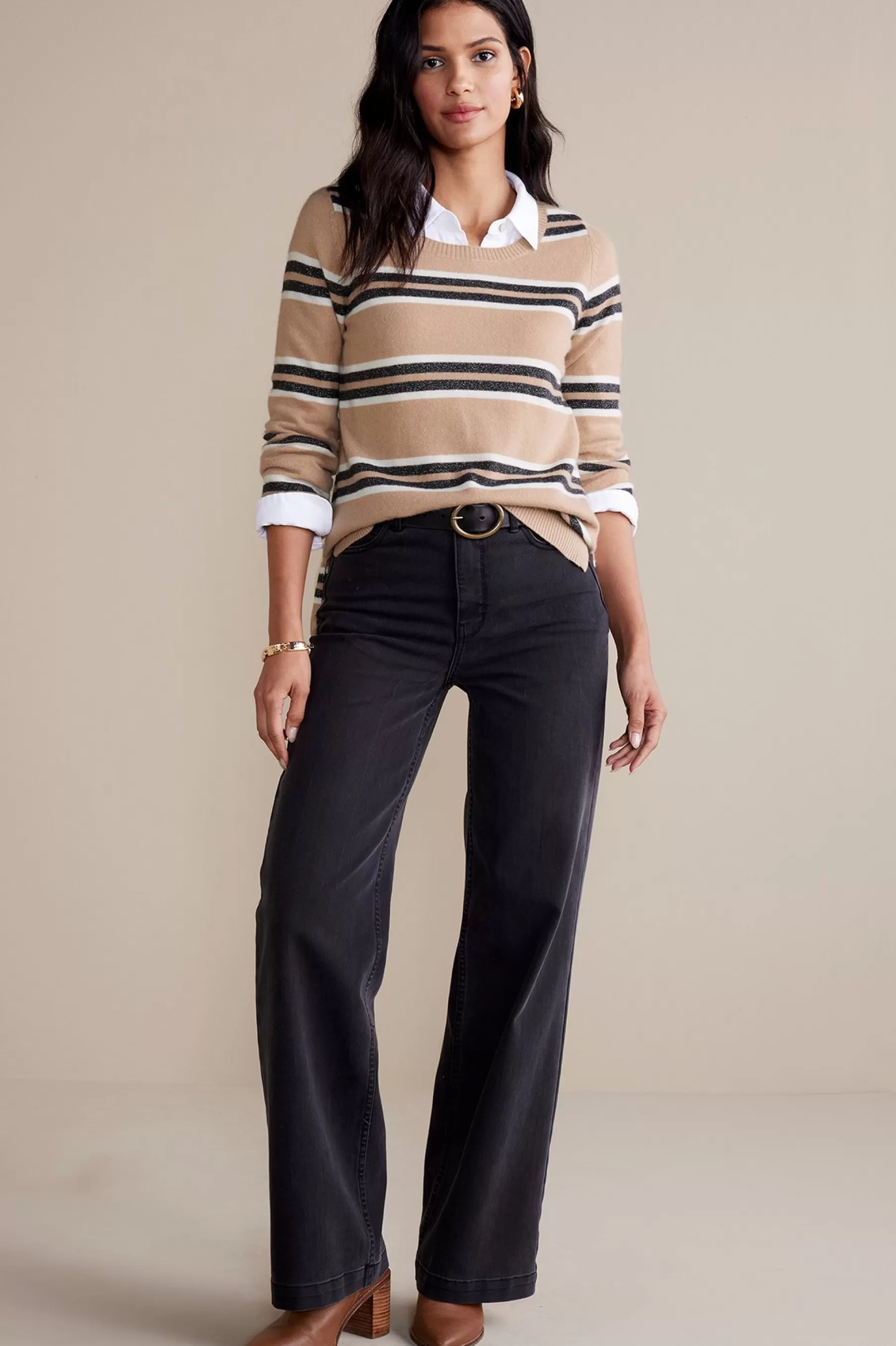 Sweaters & Cardigans | long sleeve-Soft Surroundings Shayna Cashmere Sweater Camel Stripe