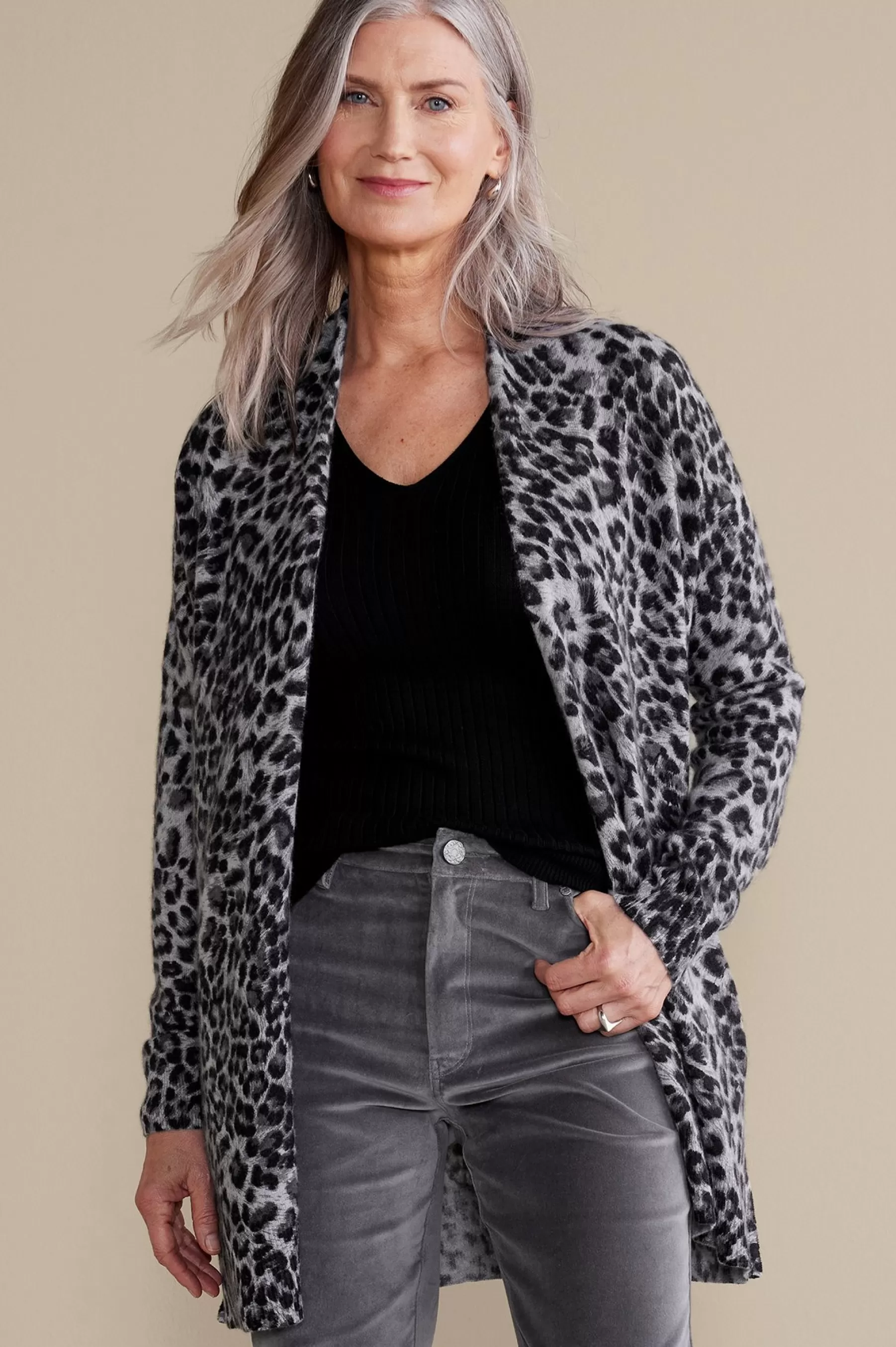 Sweaters & Cardigans | prints-Soft Surroundings Sibyl Cashmere Printed Cardigan Snow Leopard