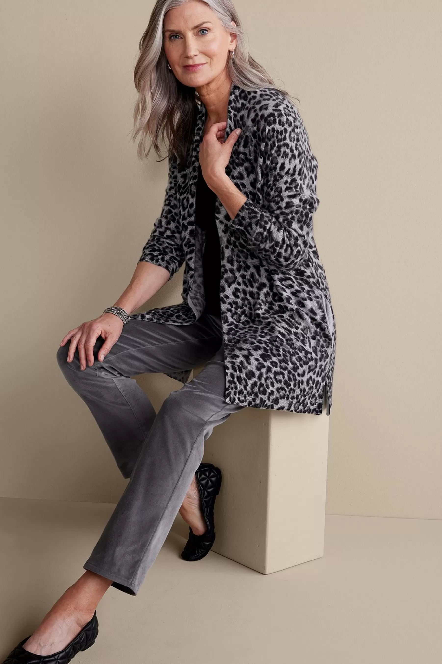 Sweaters & Cardigans | prints-Soft Surroundings Sibyl Cashmere Printed Cardigan Snow Leopard