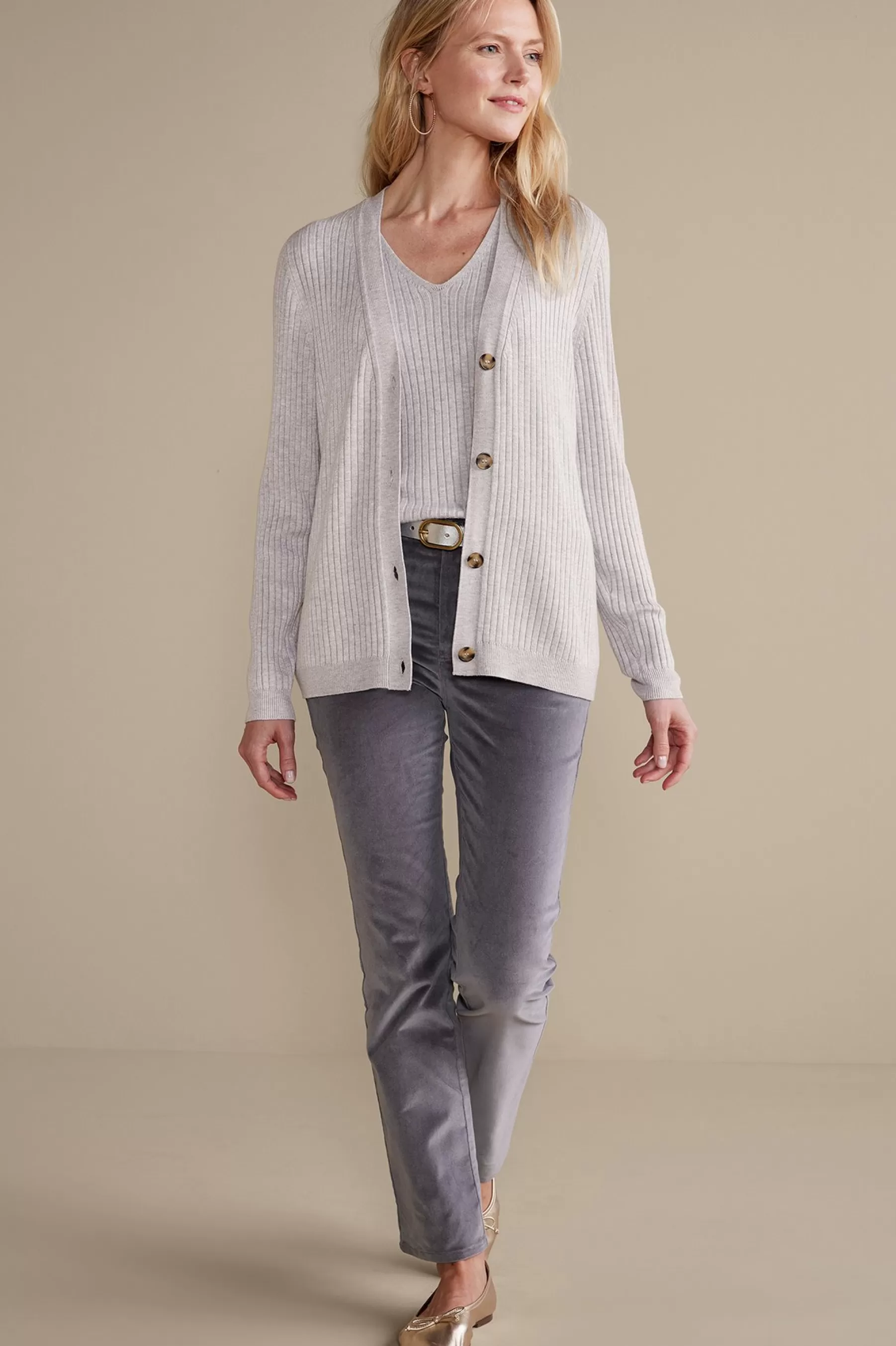 Soft Essential Styles | Everyday Styles-Soft Surroundings Soft Essential™ Ribbed Button-Front Cardi Light Grey Heather