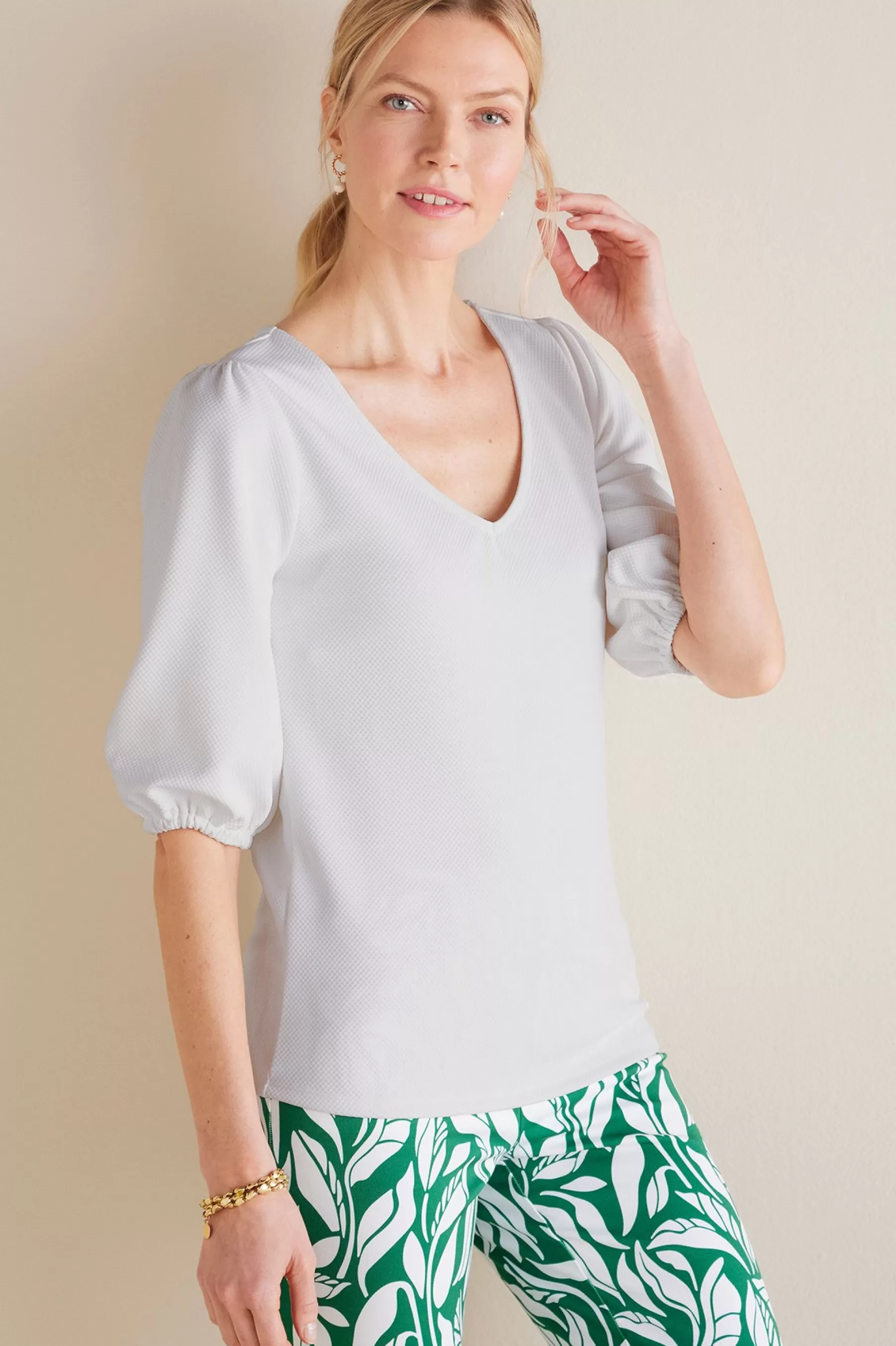 elbow length | pullovers-Soft Surroundings Tabitha Puff Sleeve Top White