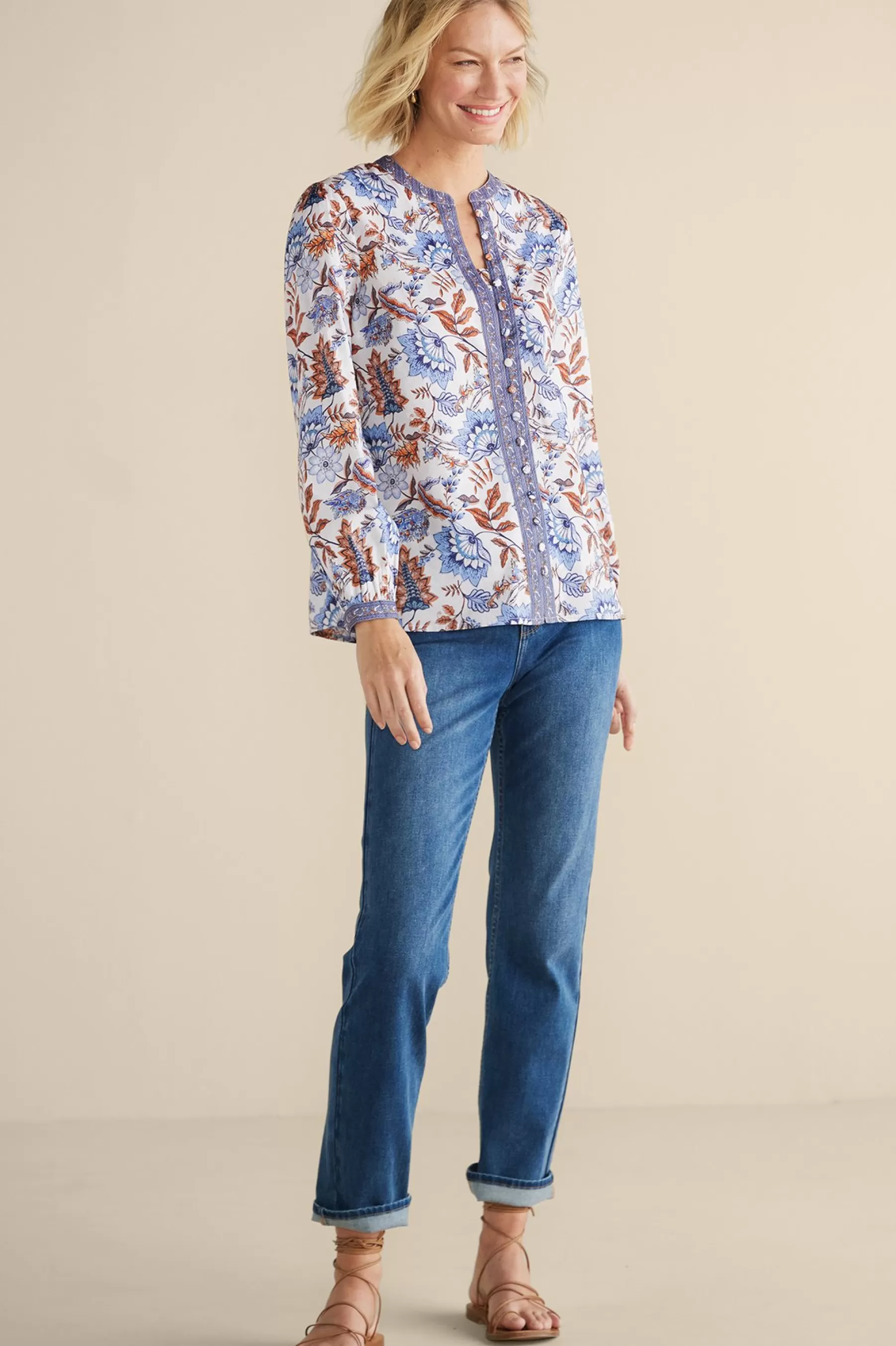 Feminine Flourish | Into The Blues-Soft Surroundings Tracy Top Chambray Calico