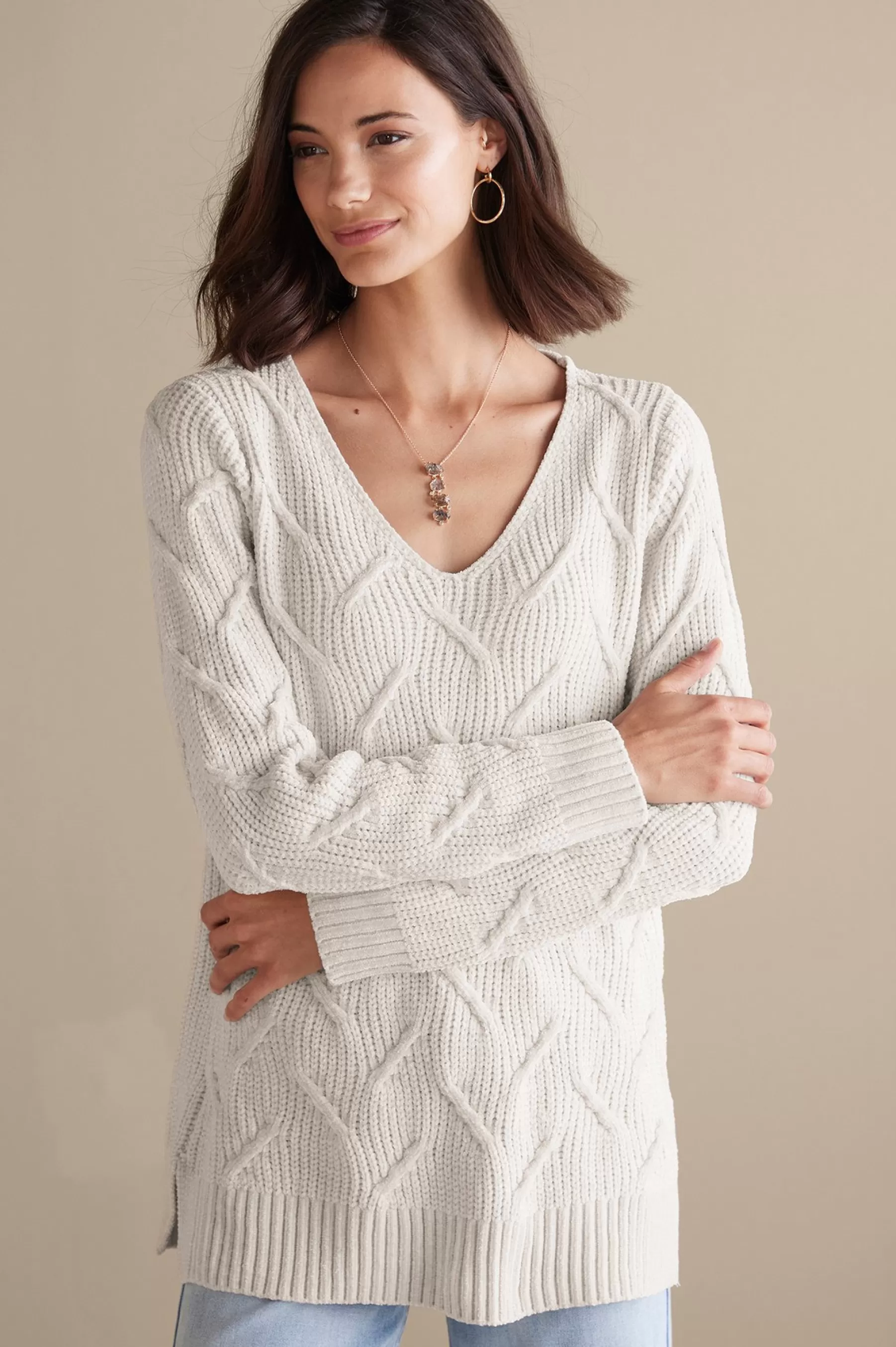 Sweaters & Cardigans | long sleeve-Soft Surroundings Trina Chenille Sweater Almond Milk