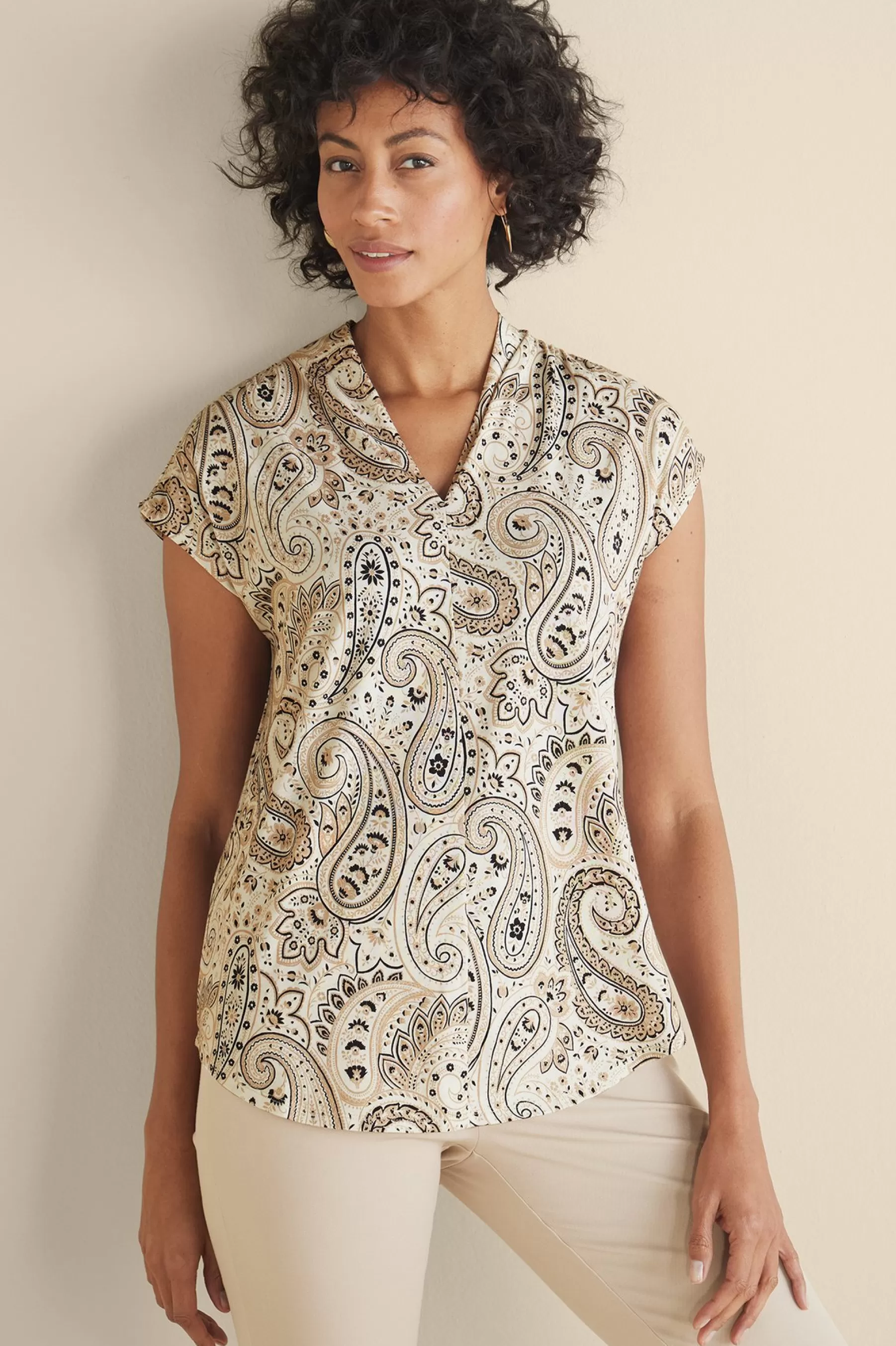 short sleeve | tops & tees-Soft Surroundings Twilight Luau Printed Tunic Global Paisley Neutral