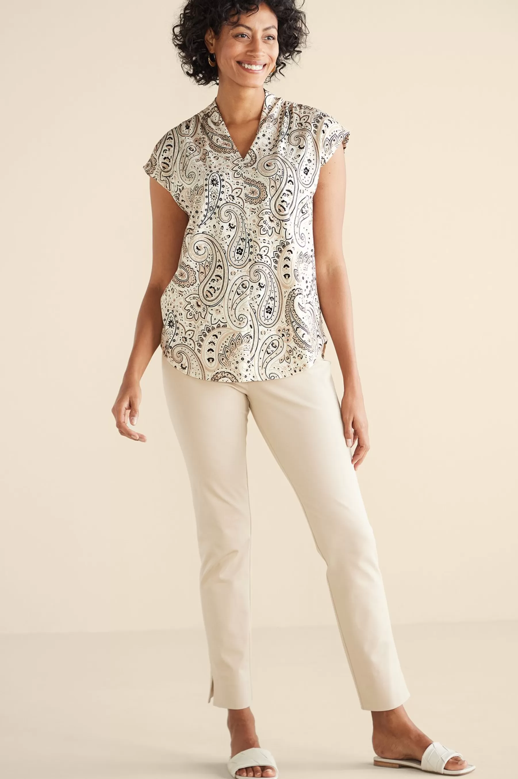 short sleeve | tops & tees-Soft Surroundings Twilight Luau Printed Tunic Global Paisley Neutral