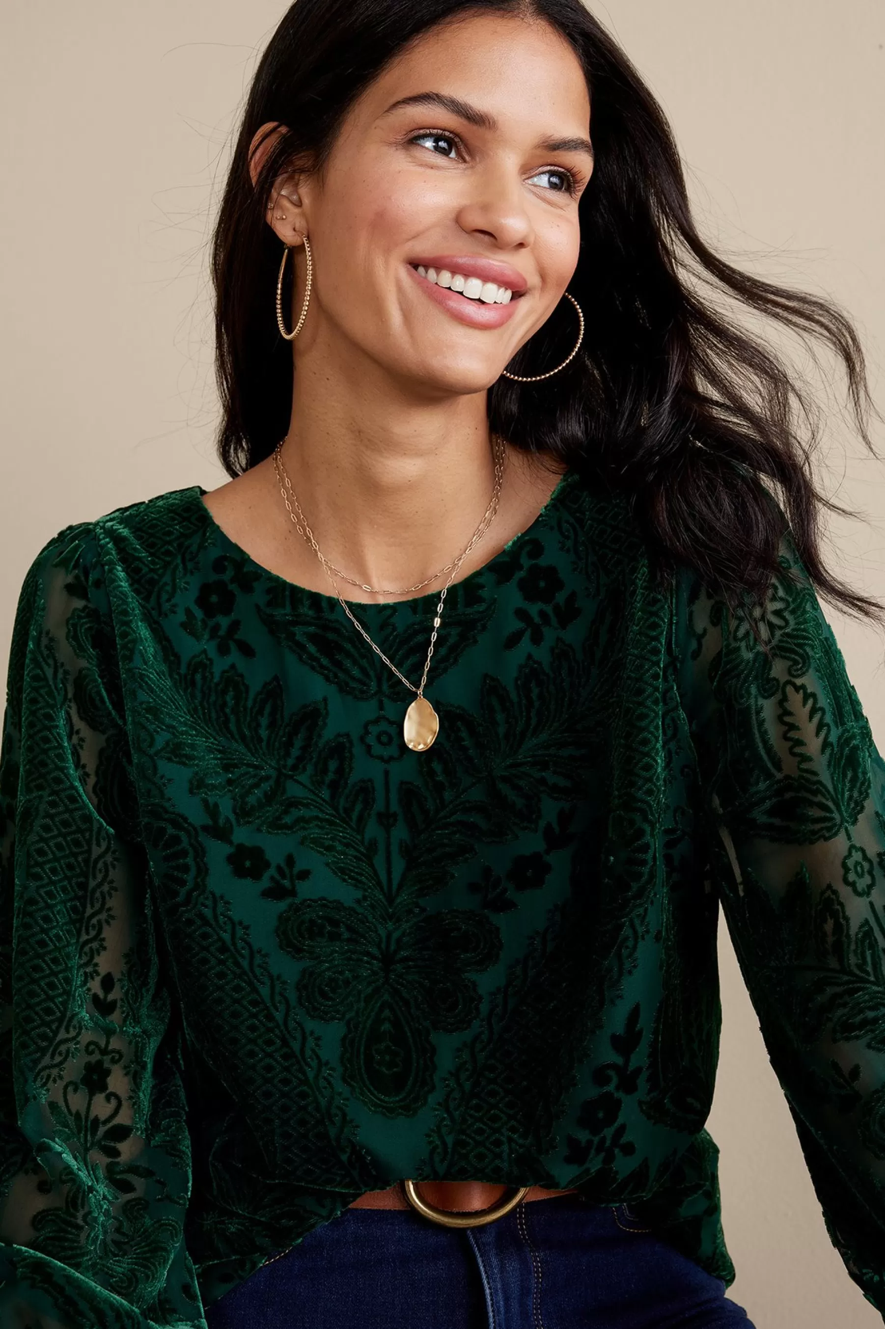 EVelvet Styles | long sleeve-Soft Surroundings Vanetta Velvet Top Jewel Green