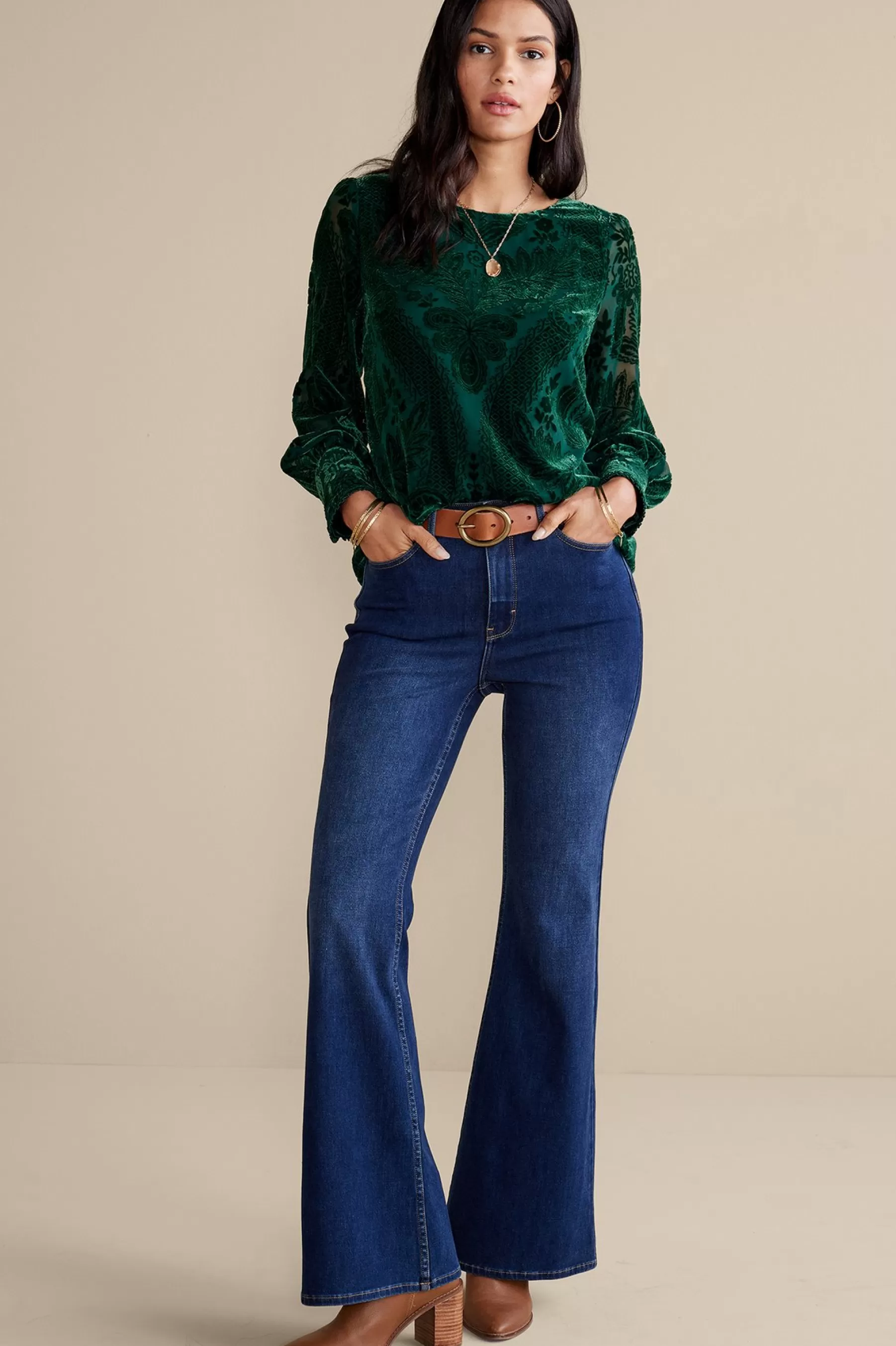 EVelvet Styles | long sleeve-Soft Surroundings Vanetta Velvet Top Jewel Green