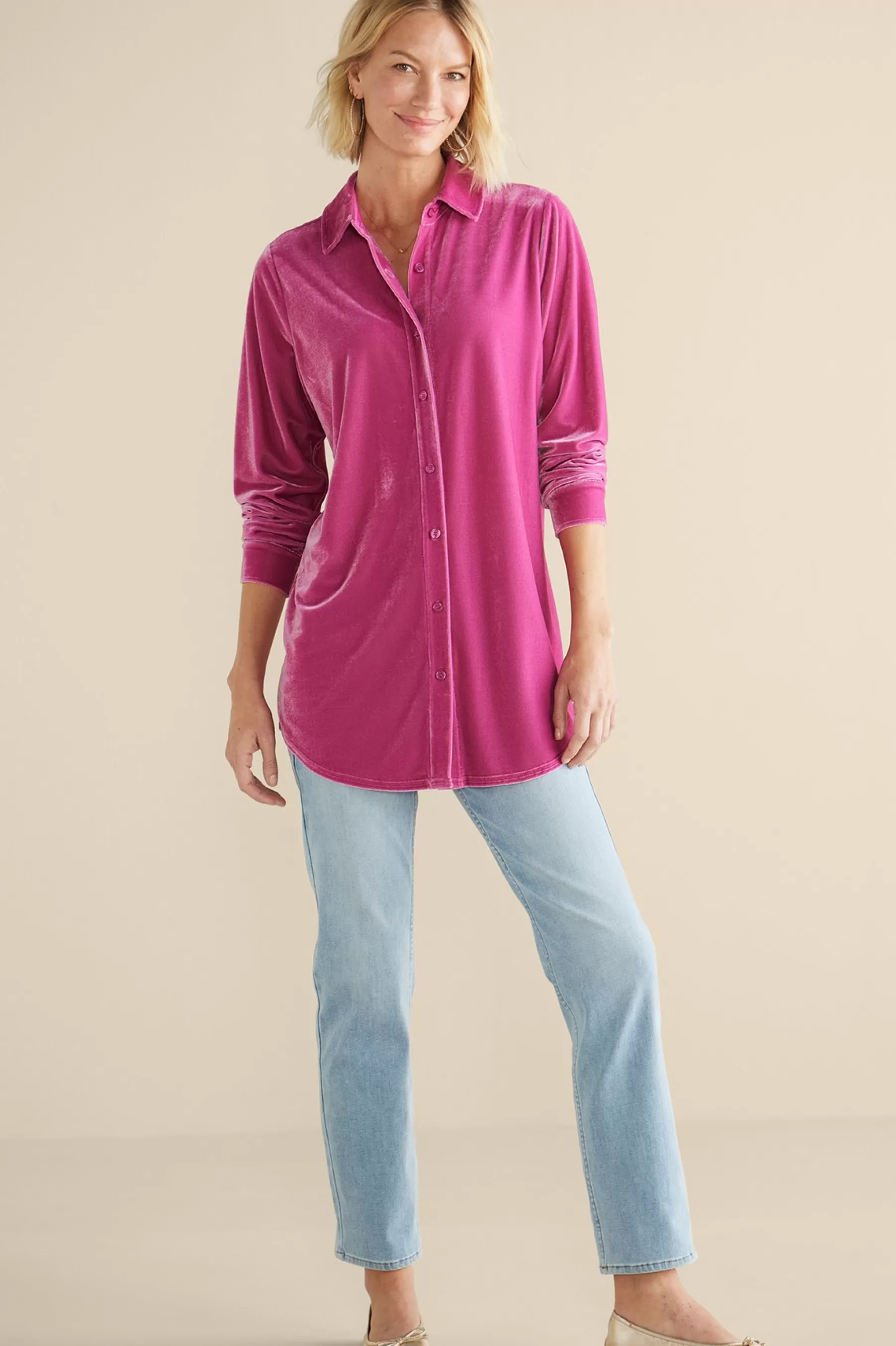 Everyday Styles | EVelvet Styles-Soft Surroundings Velvet Boyfriend Tunic Shirt Dark Copper