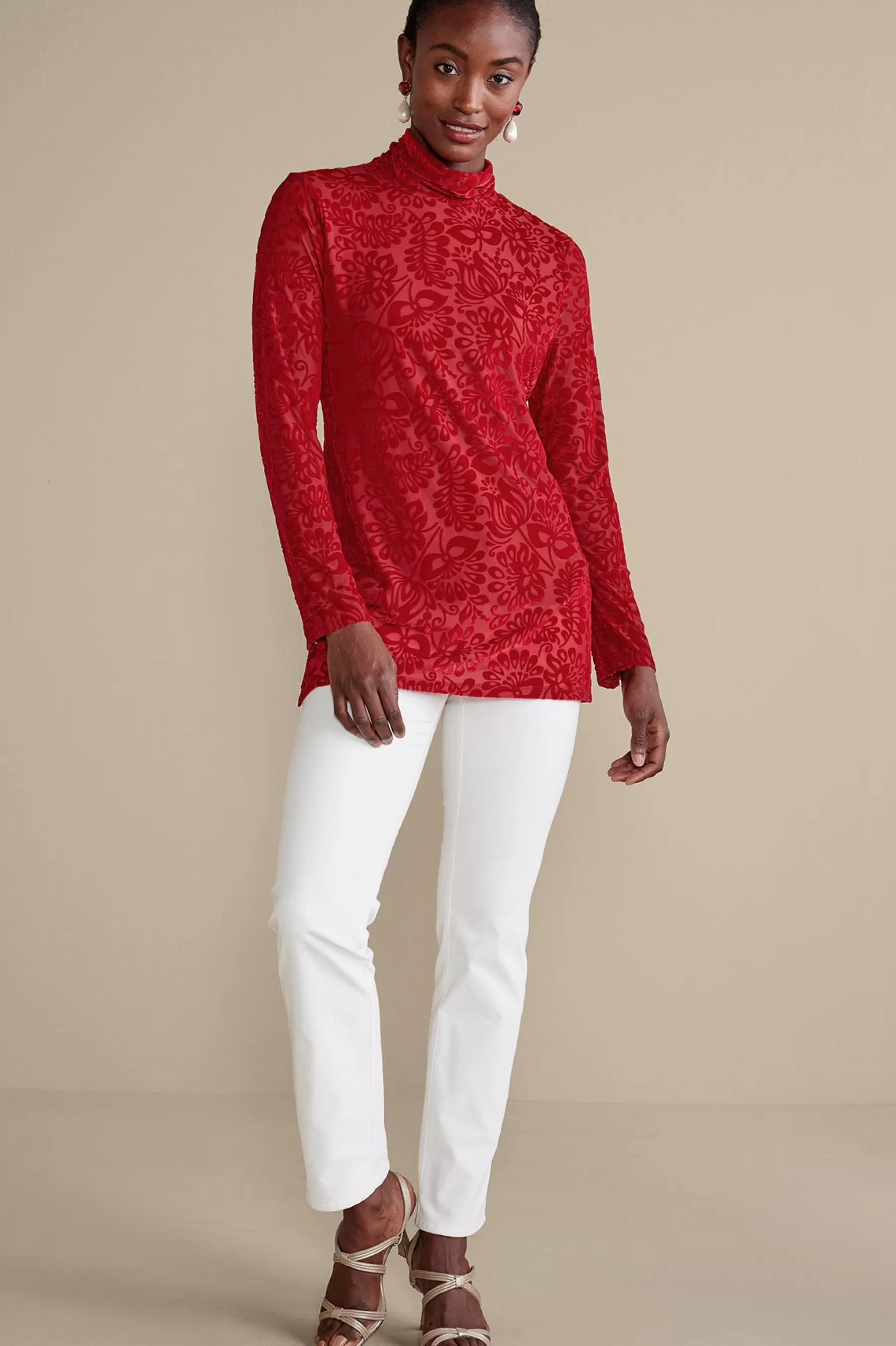 Feminine Flourish | Everyday Styles-Soft Surroundings Walden Velvet Turtleneck Red Dahlia