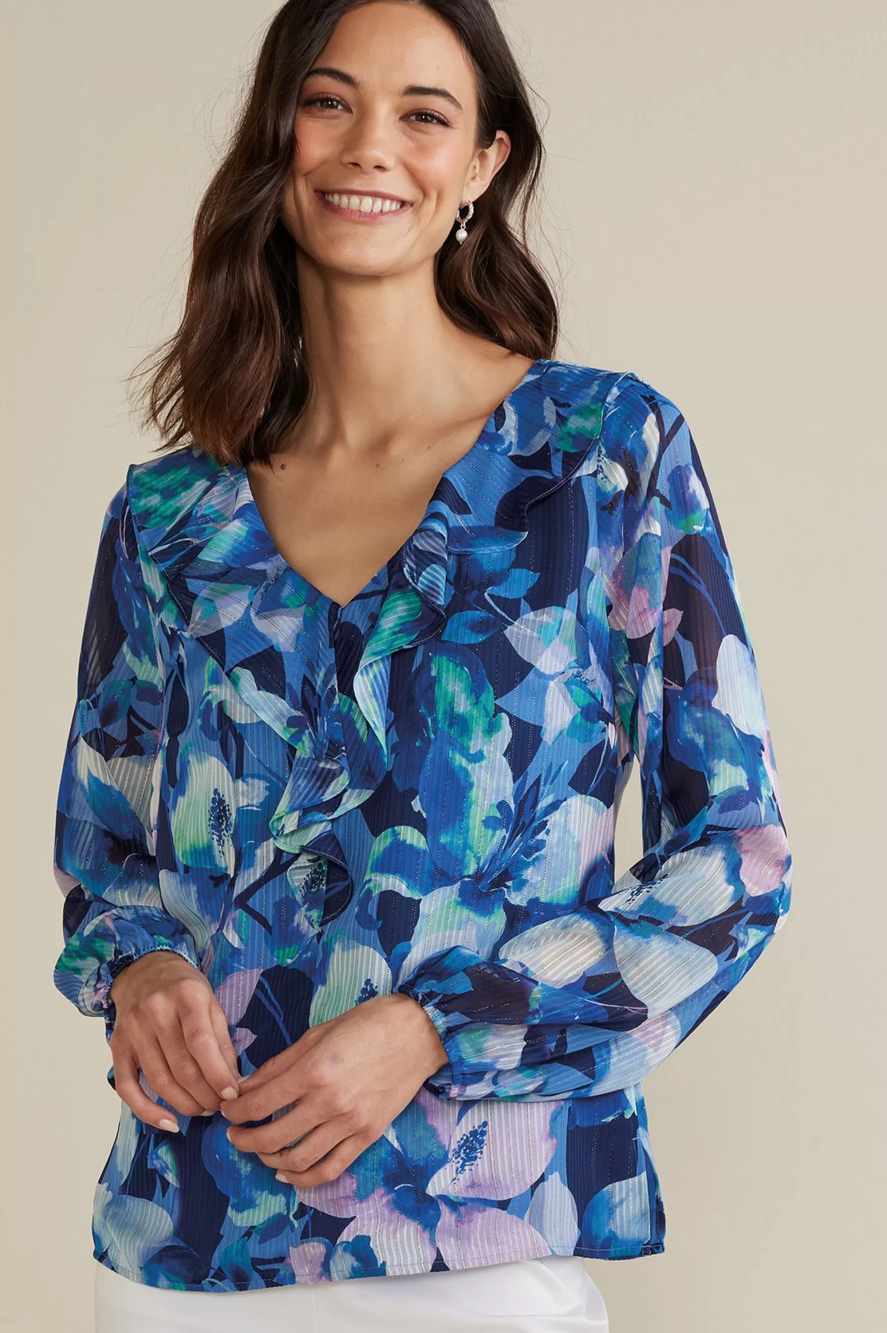 Feminine Flourish | long sleeve-Soft Surroundings Xenia Ruffle Top Purple Floral