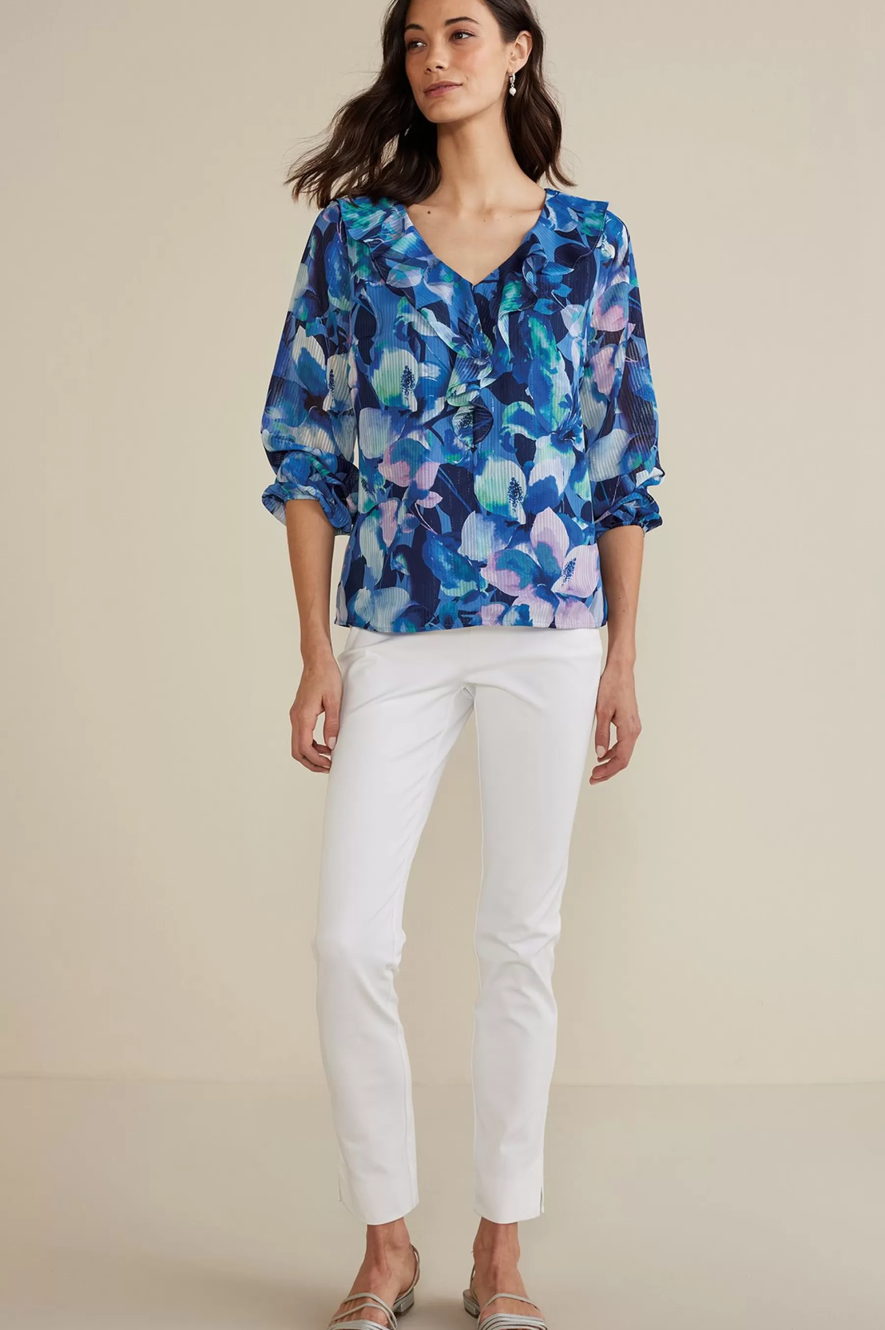 Feminine Flourish | long sleeve-Soft Surroundings Xenia Ruffle Top Purple Floral