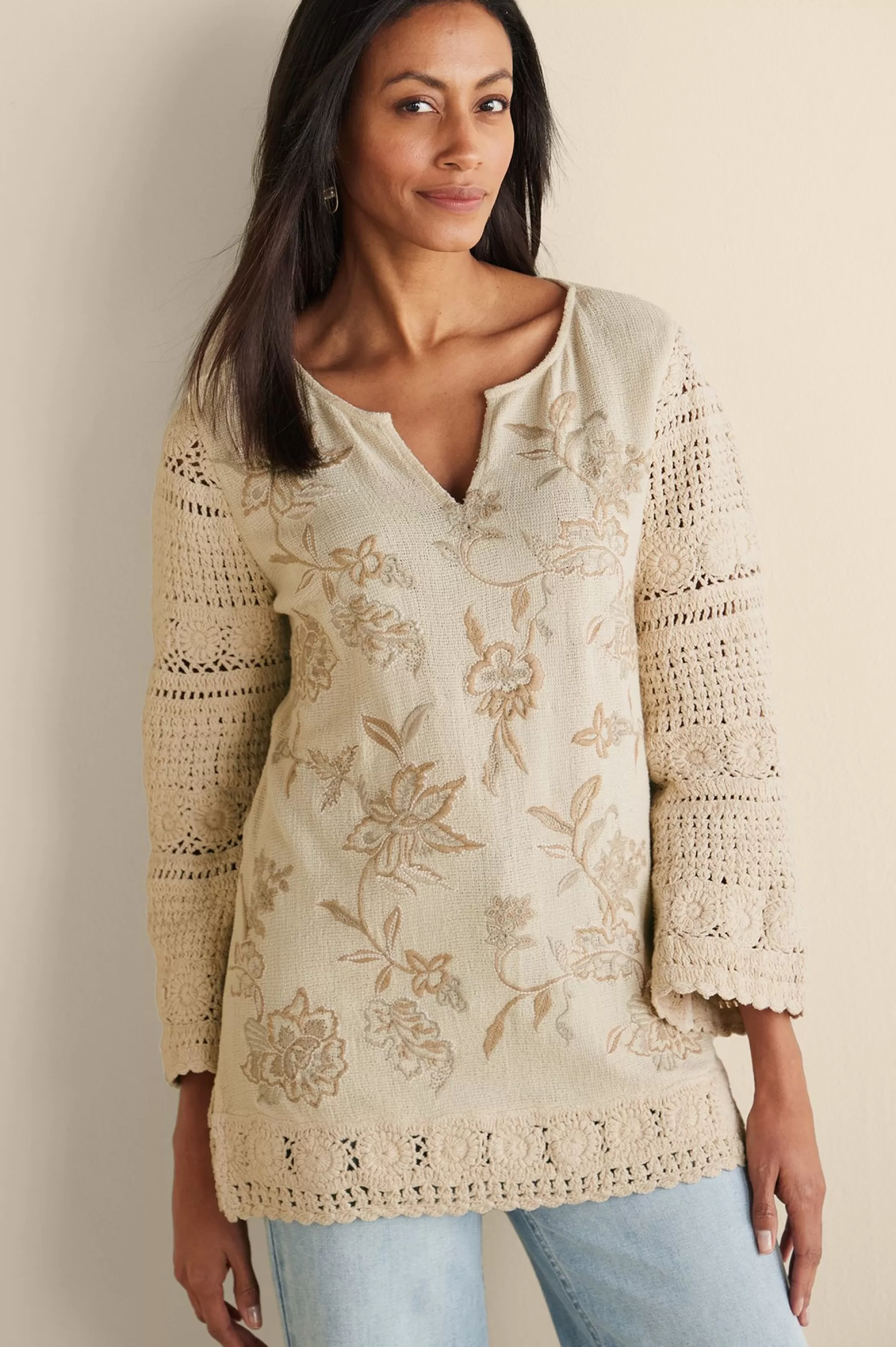 Feminine Flourish | Vacation Shop-Soft Surroundings Zina Crochet Sweater Tan Ecru