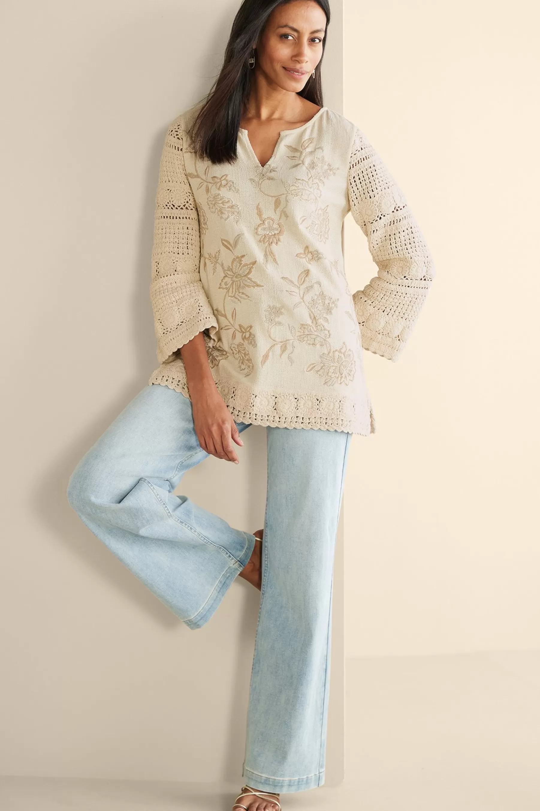 Feminine Flourish | Vacation Shop-Soft Surroundings Zina Crochet Sweater Tan Ecru