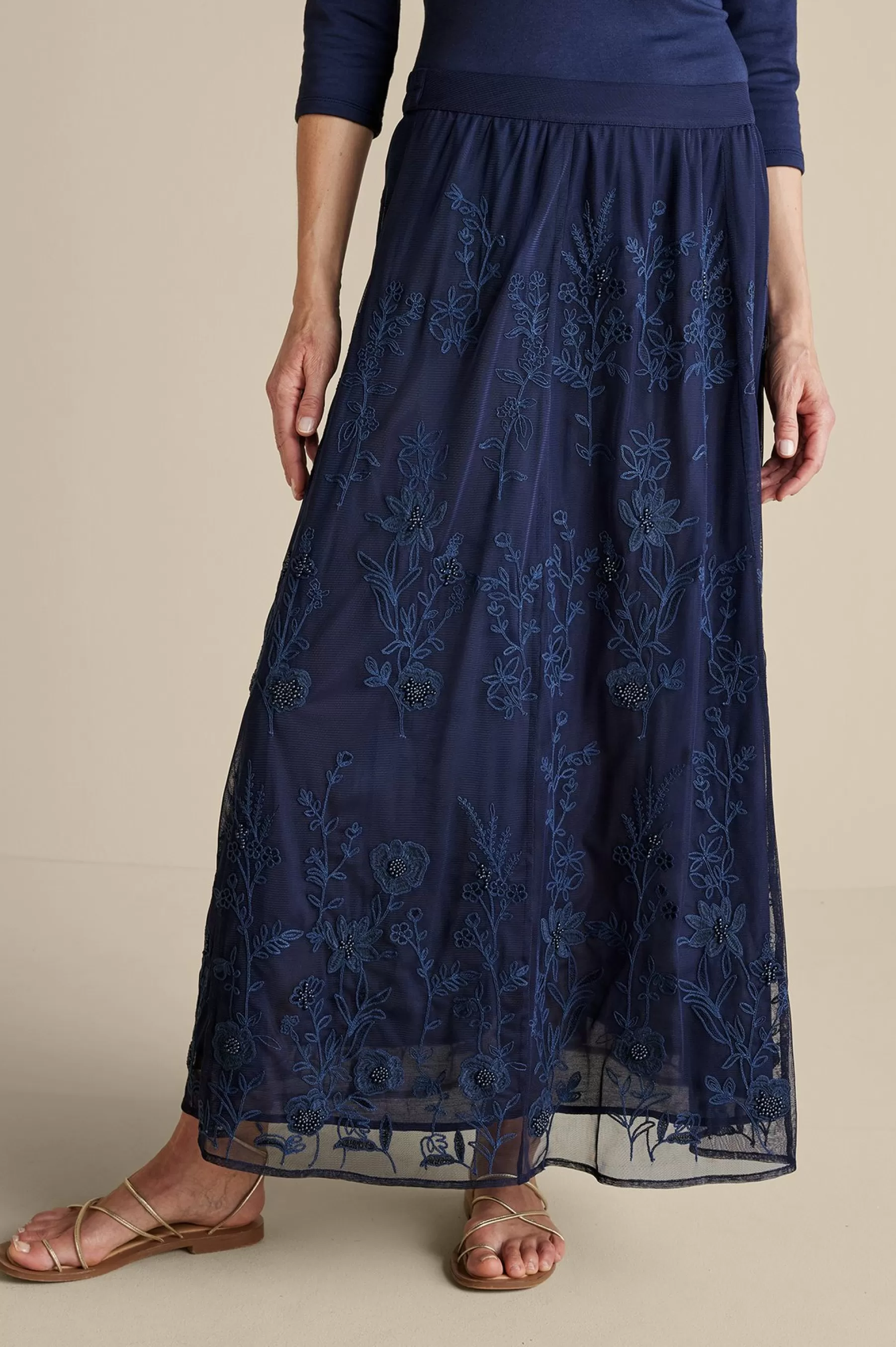 Feminine Flourish | Into The Blues-Soft Surroundings Zuri Embroidered Mesh Skirt Navy